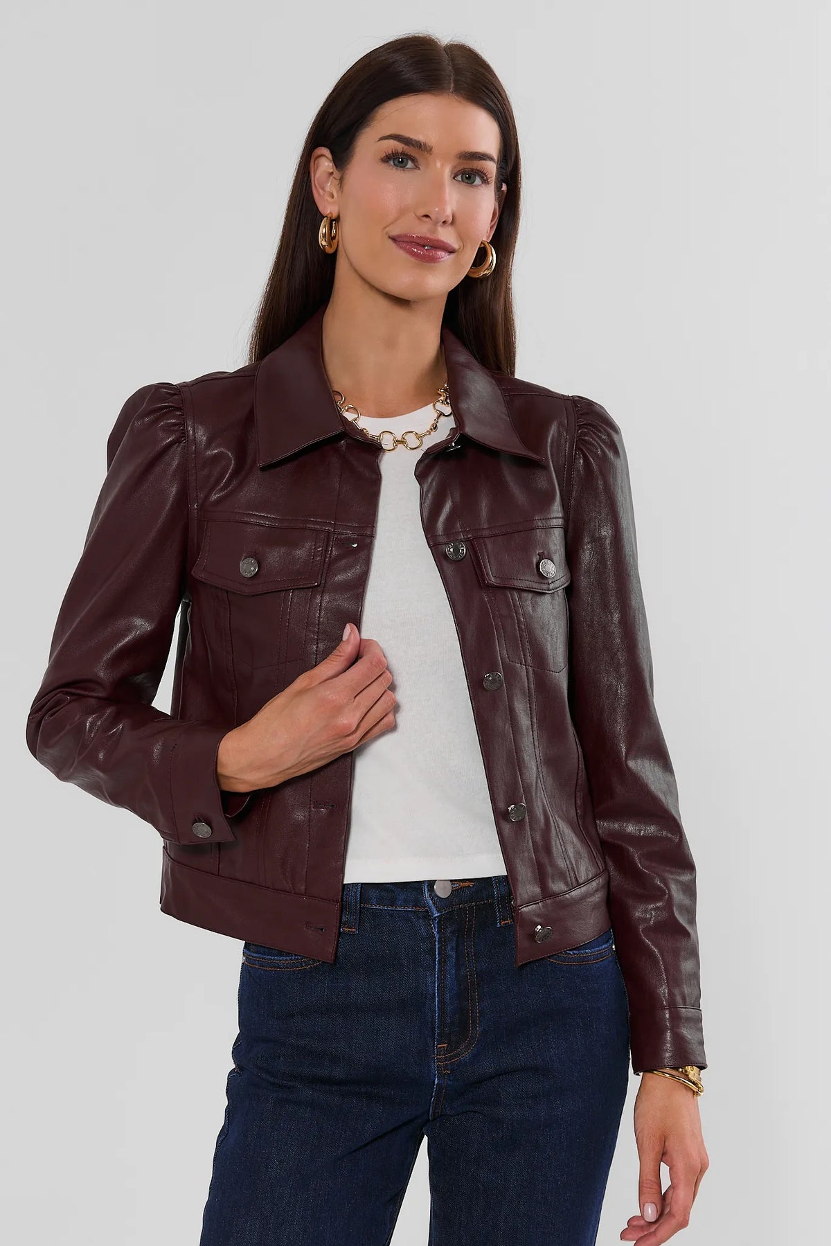 Roxanna Brown Faux Leather Jacket - Front View On Model with White Tee & Dark Jeans | Avara