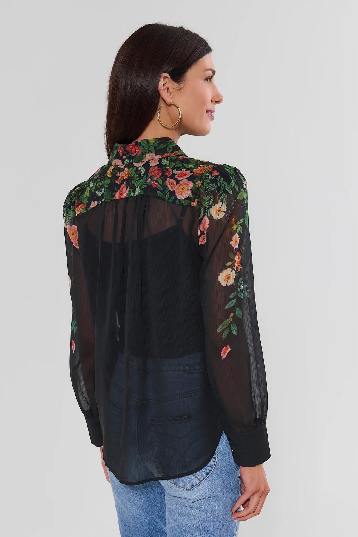 Black Sheer Floral Print Top - Back View Showing Sheer Fabric and Floral Yoke | Avara