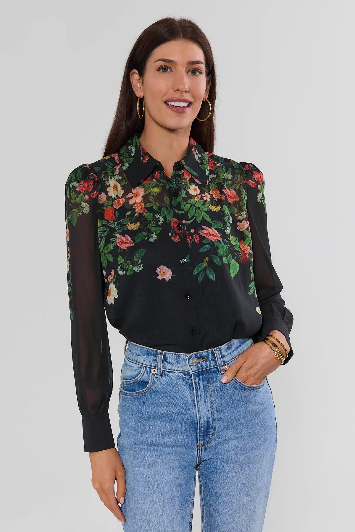 Black Sheer Floral Print Long Sleeve Top - Front View On Model with Denim | Avara