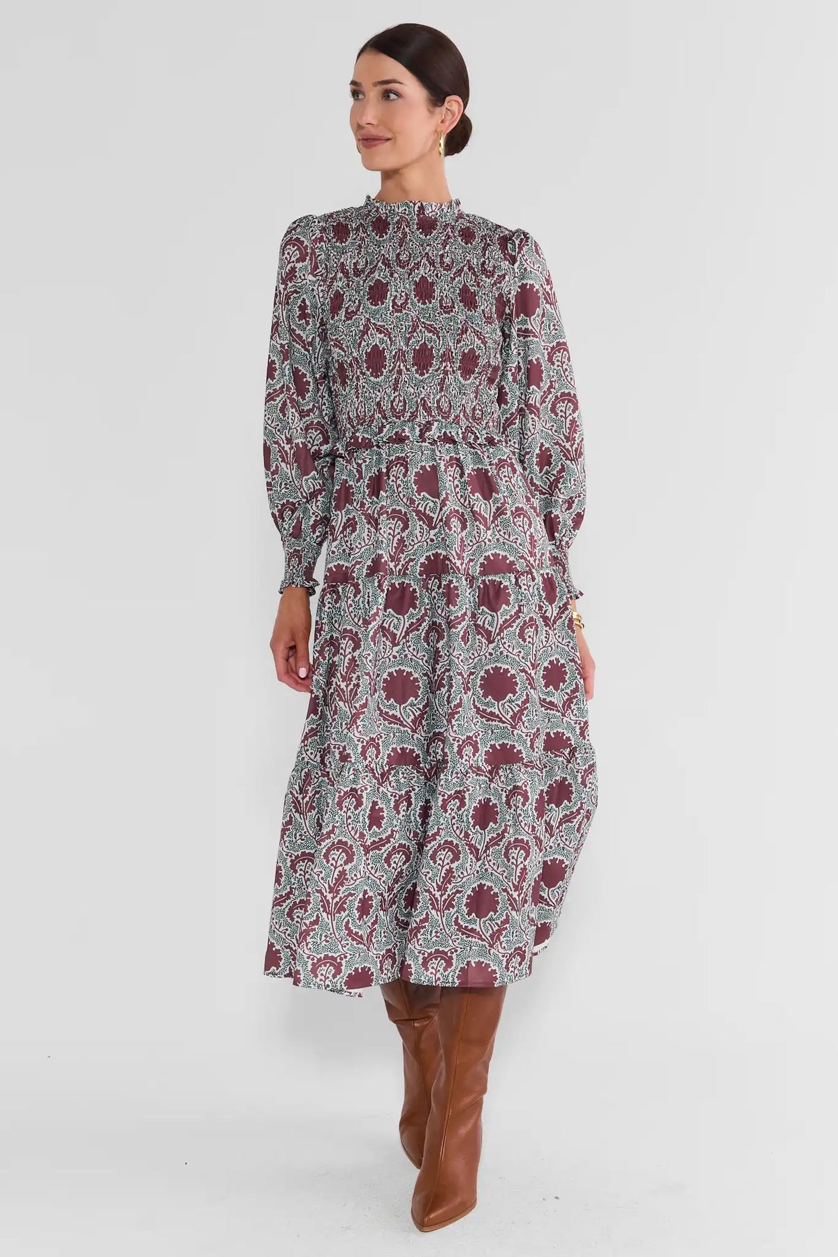 Brown Block Print Smocked Midi Dress - Back View with Brown Knee Boots | Avara