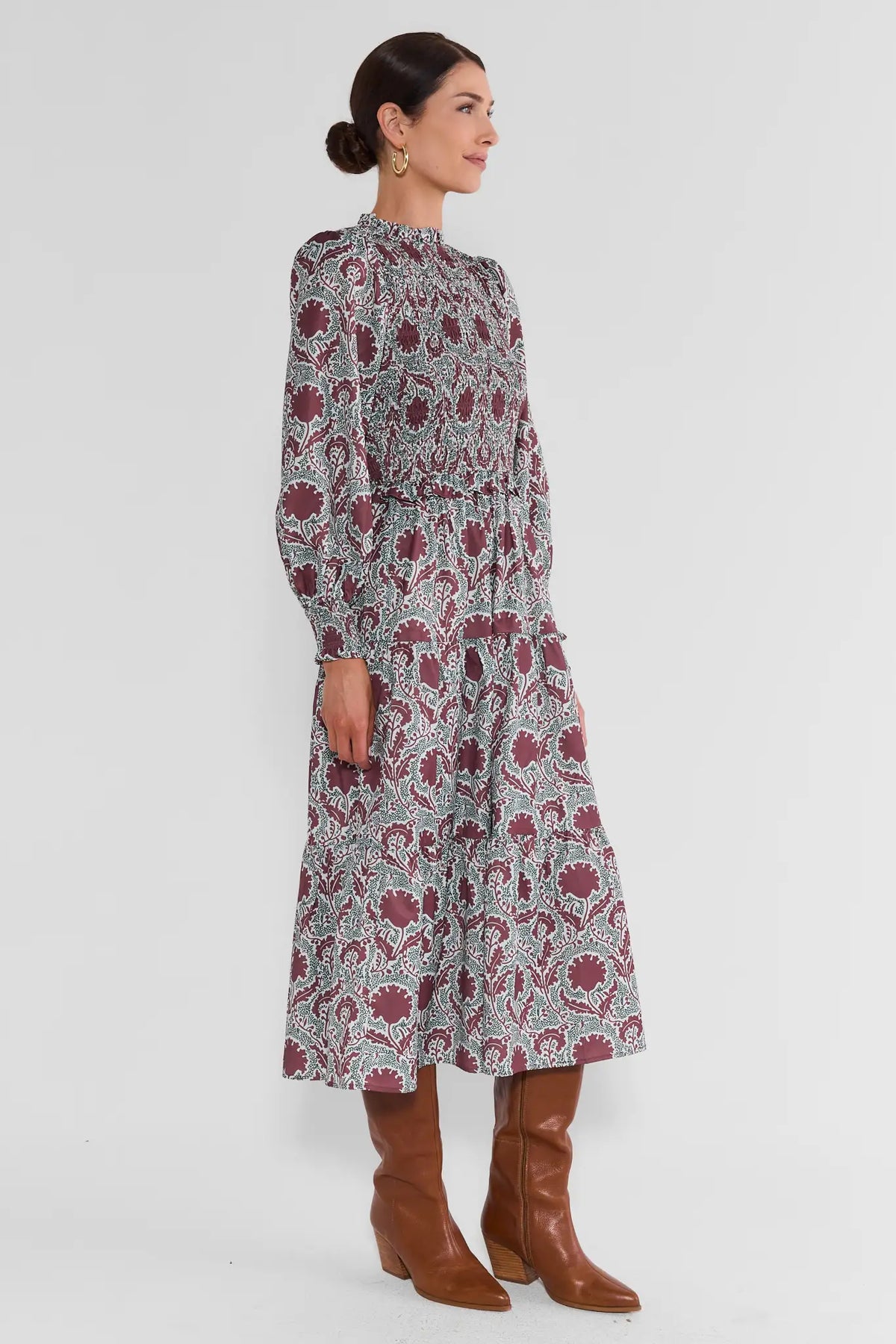 Brown Block Print Smocked Bodice Midi Dress - Upper Body Detail On Model | Avara