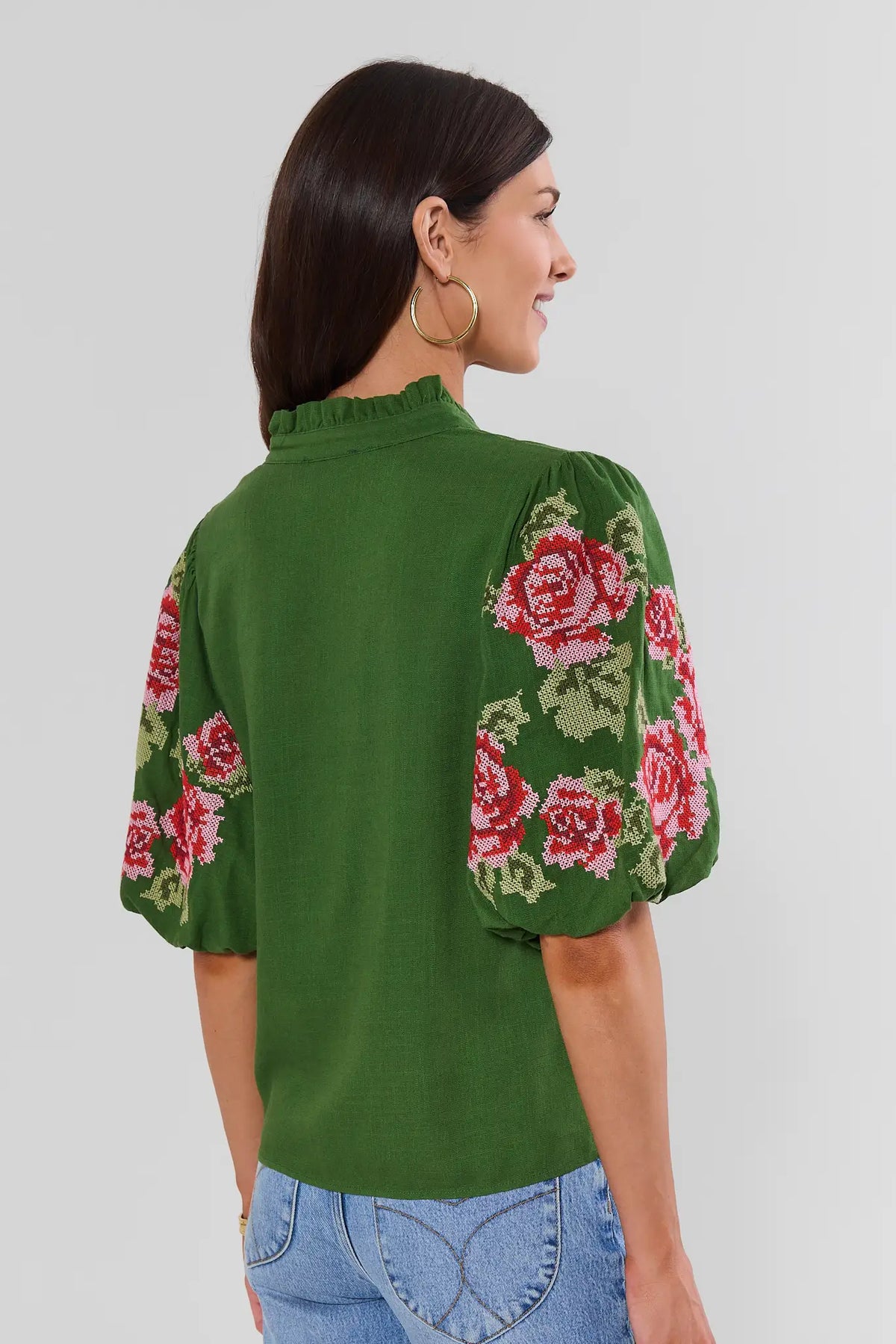 Green Floral Embroidered THML Top - Back View Puff Sleeve Detail | Avara