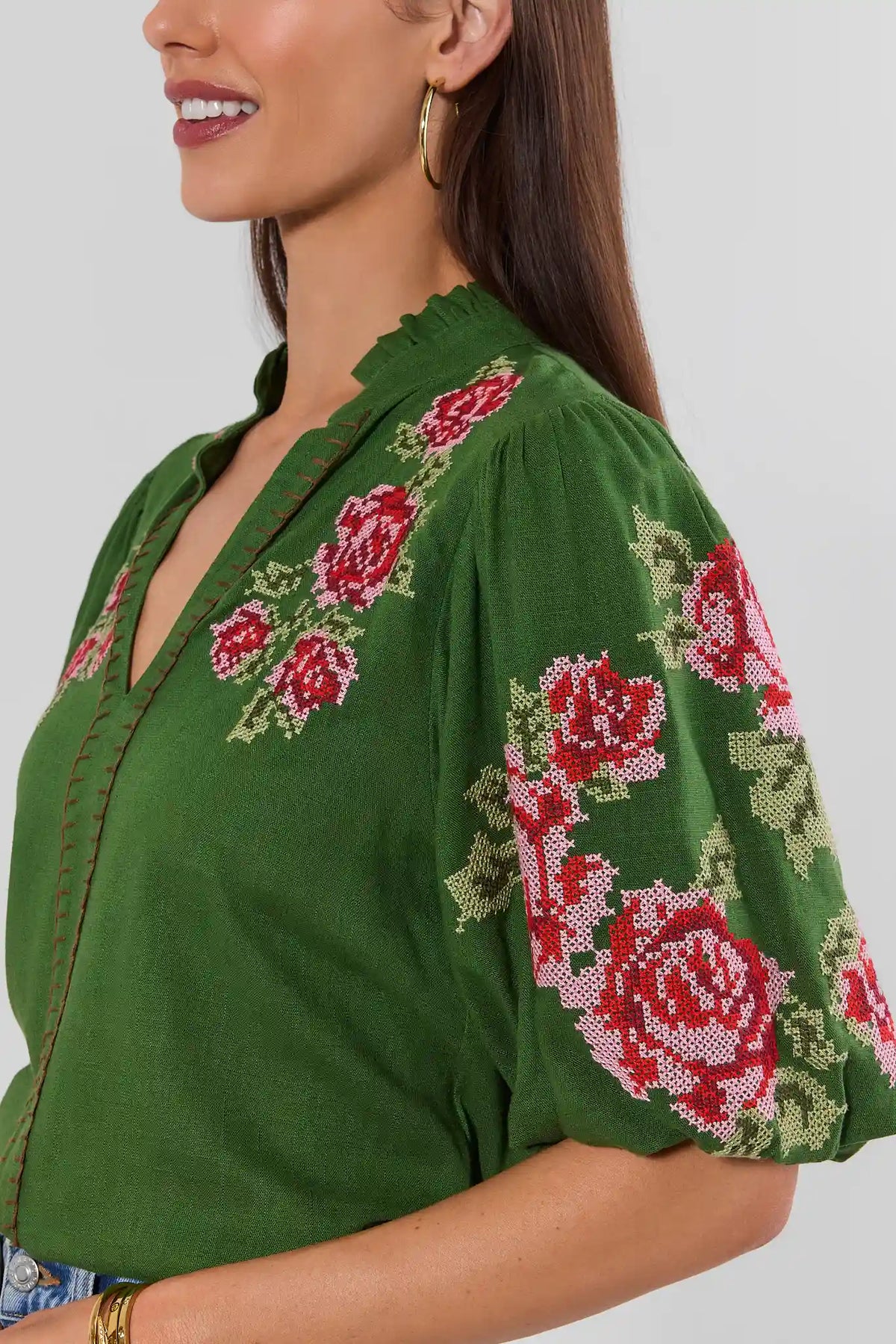 Green Rose Embroidered Puff Sleeve Top - Side Profile Sleeve Detail | Avara