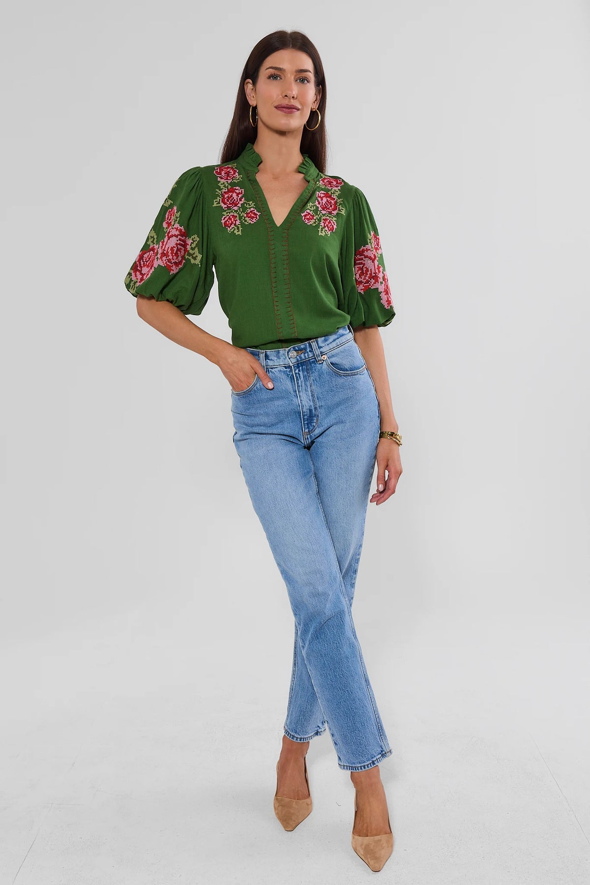Green Embroidered Detail Top Styled With Jeans - Full Length Front | Avara