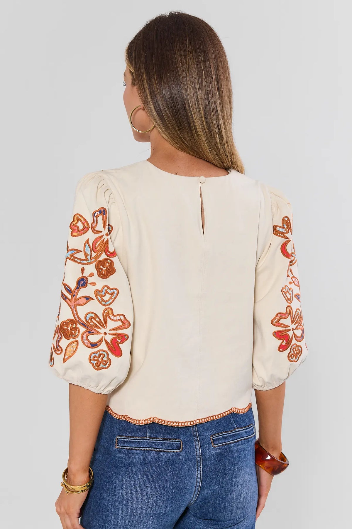 Ivory Faux Suede Embroidered Top - Back View, Keyhole Closure & Scallop Hem - THML | Avara