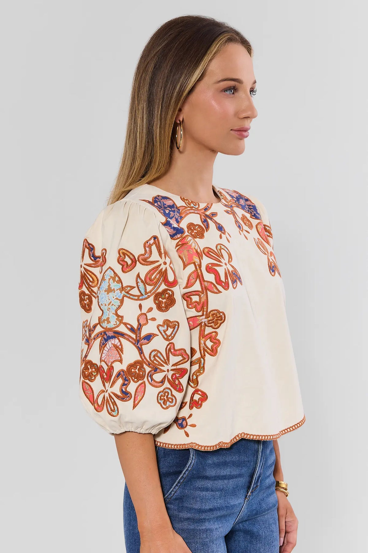 Ivory THML Faux Suede Floral Embroidered Top - Side Profile View, Puff Sleeve & Scallop Hem | Avara