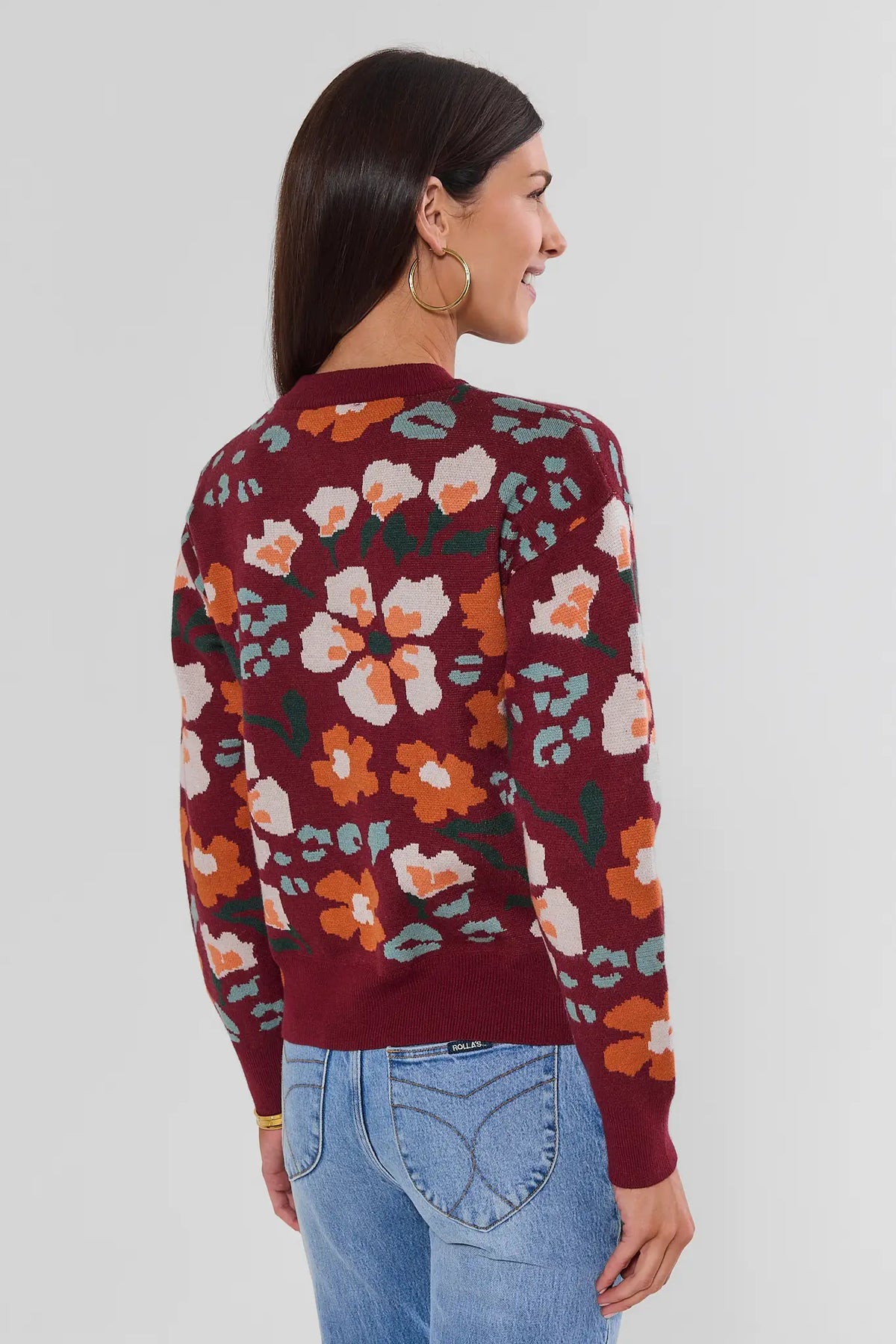 Burgundy Floral Knit Sweater Back View On Model with Jeans - THML Women's Top | Avara