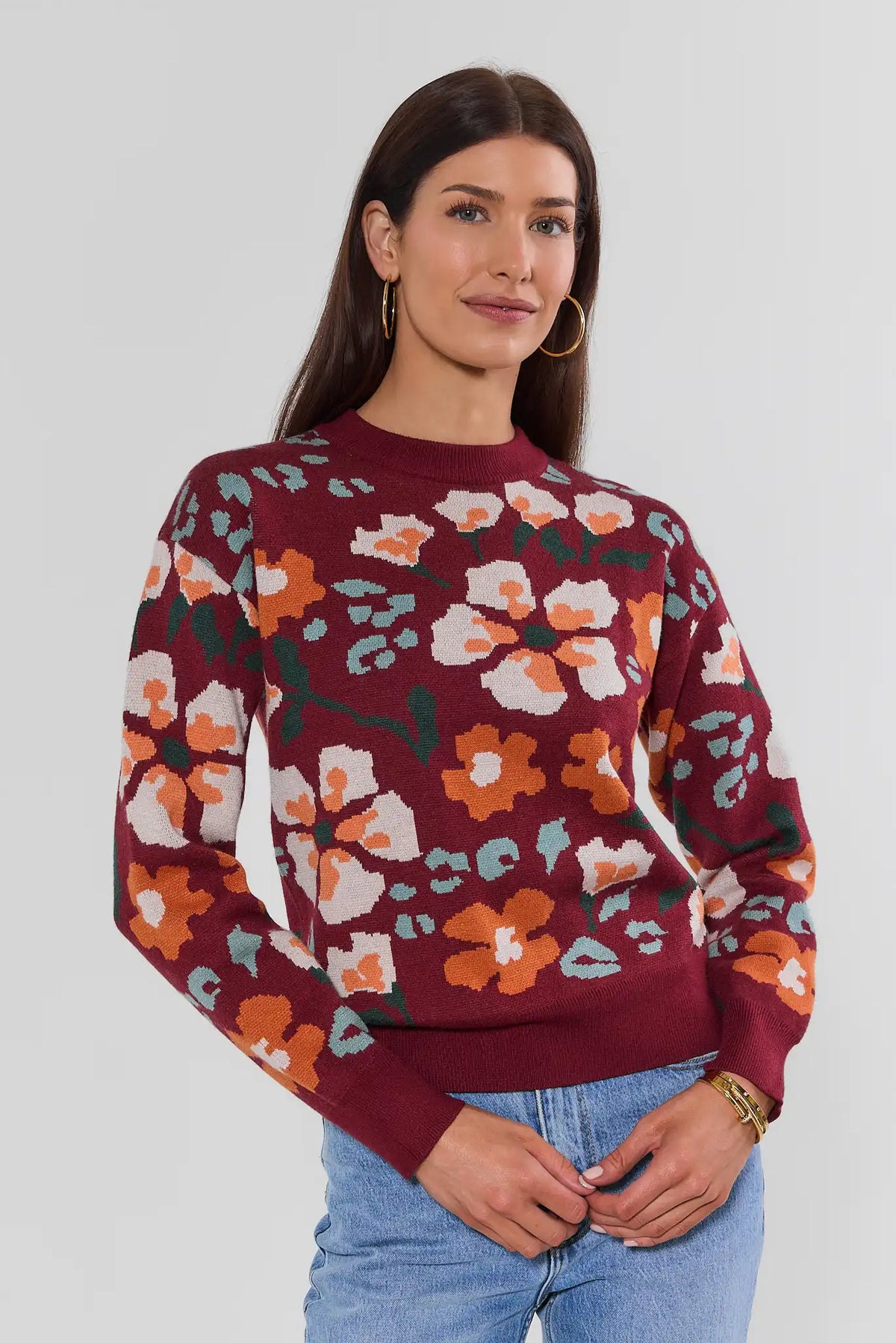 Burgundy Floral Knit Sweater Front View On Model with Denim - THML Women's Top | Avara