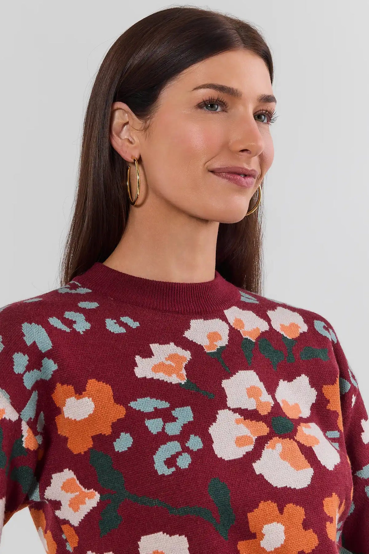 Burgundy Floral Sweater Mock Neck Close-Up Detail - THML Women's Knit Top | Avara