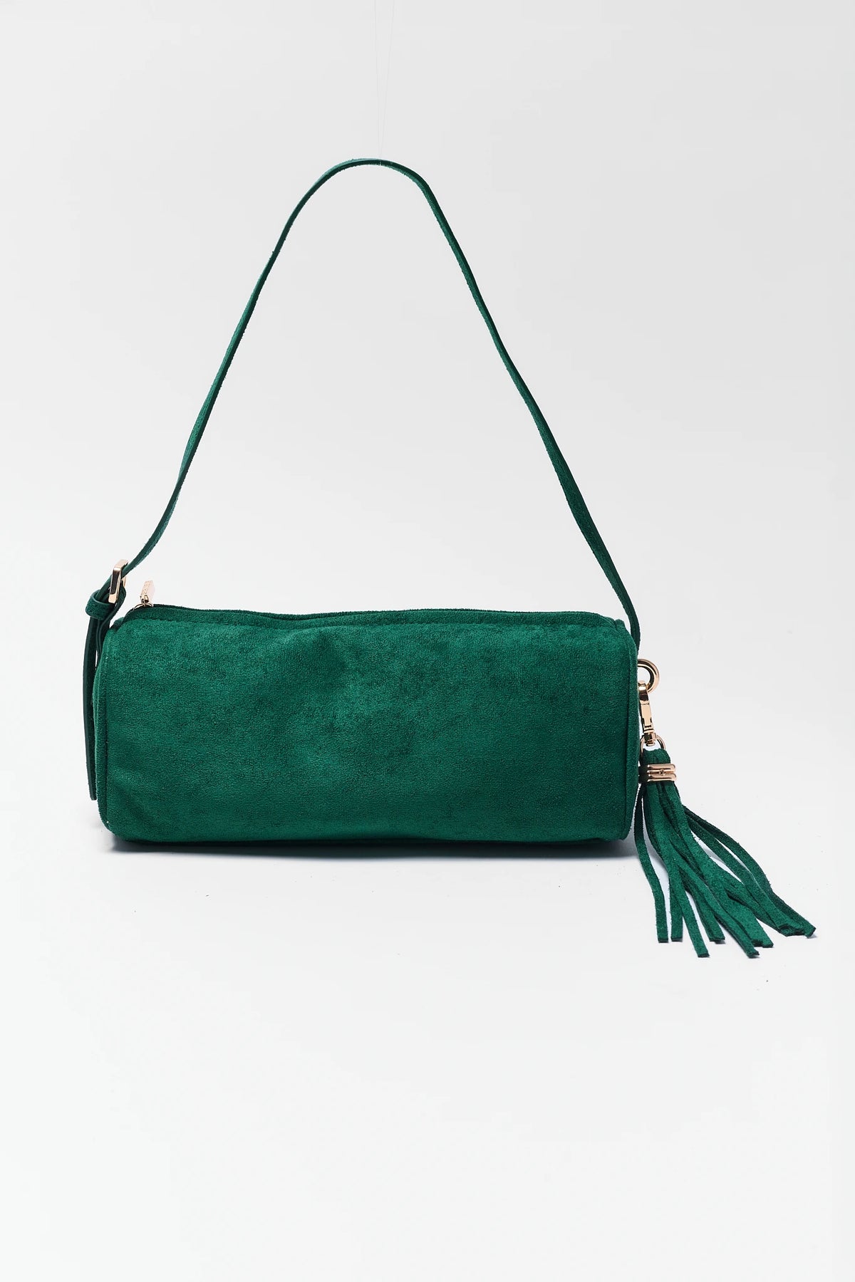 Green Faux Suede Barrel Bag with Tassel Charm - Front View | Avara
