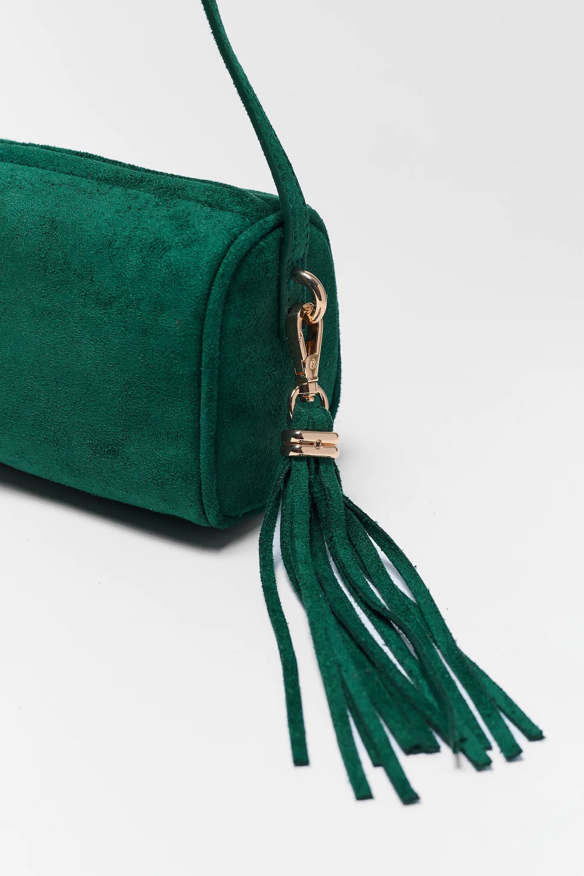 Green Faux Suede Barrel Bag - Gold Hardware Tassel Charm Close-Up | Avara