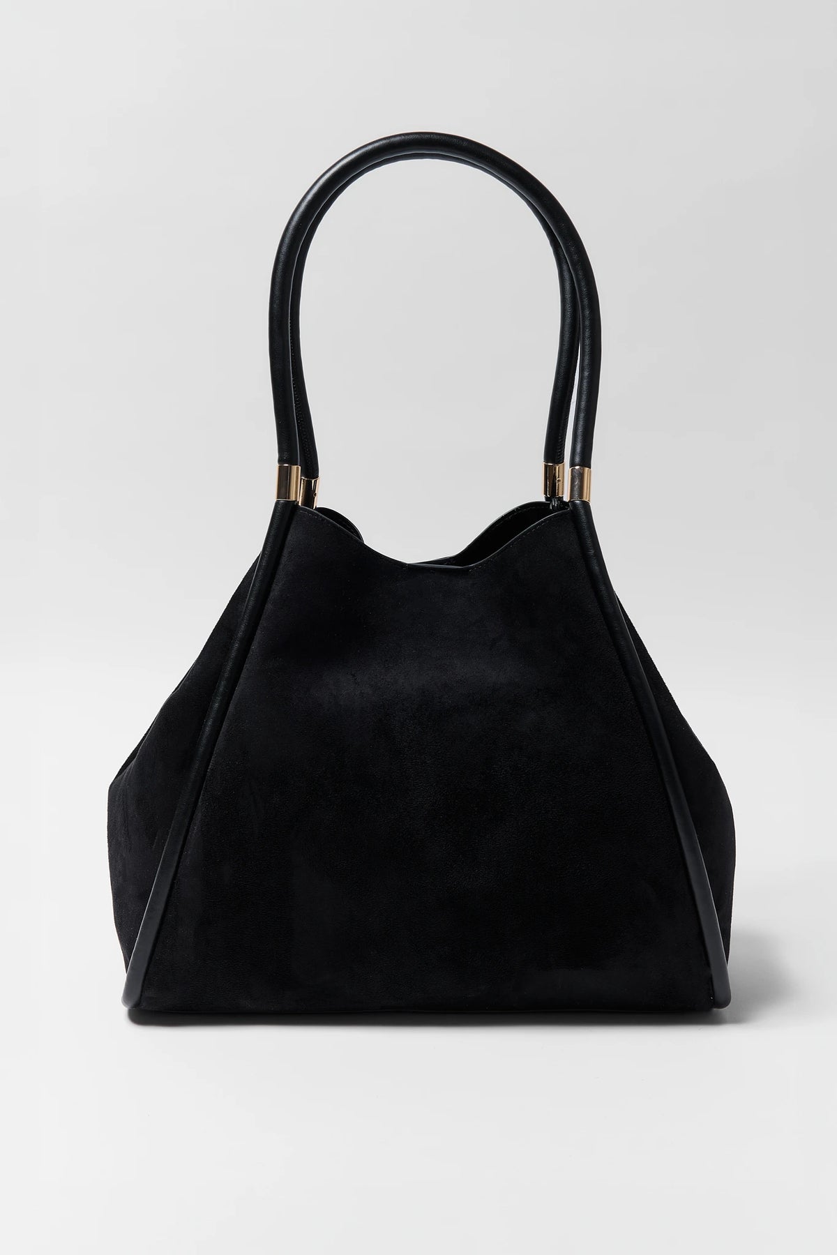 Black Faux Suede Shoulder Bag - Front View with Gold-Tone Hardware | Avara