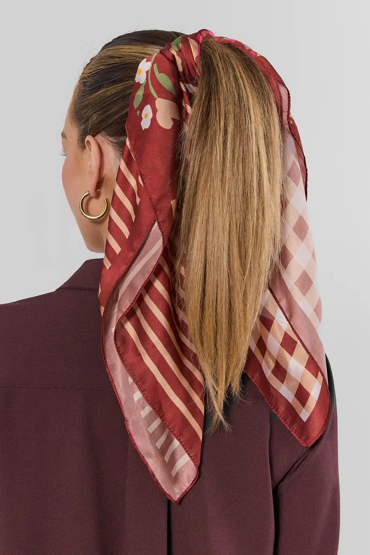 Brown Mixed Print Scarf Styled as Hair Tie on Ponytail - On Model Back View | Avara