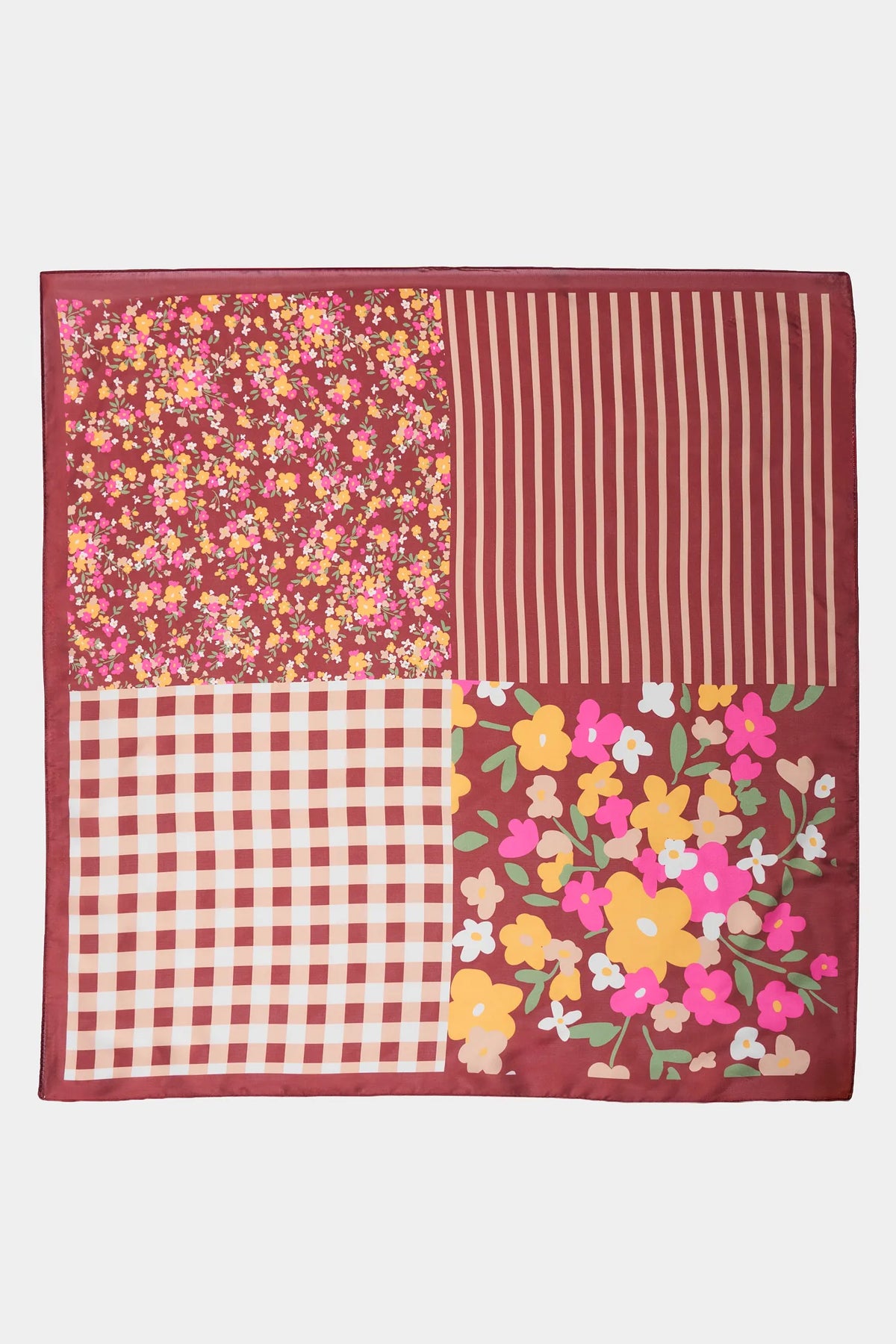 Brown Mixed Print Square Scarf - Flat Lay, Floral Gingham Stripe Print | Avara