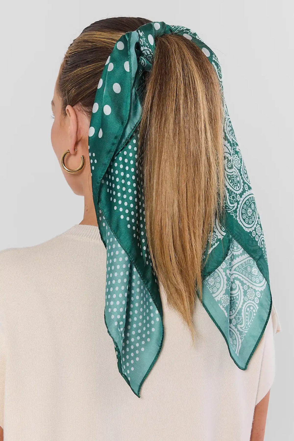 Green Mixed Print Scarf Styled as Hair Tie on Model - Back View | Avara
