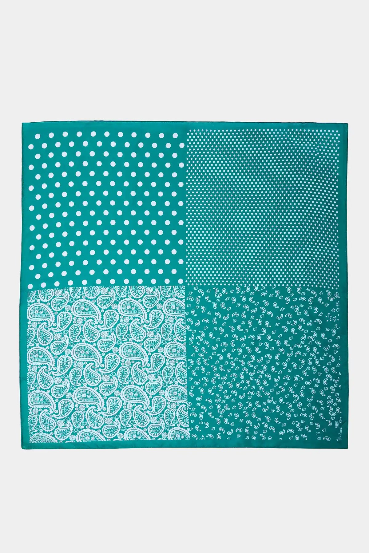 Green Mixed Print Square Scarf - Flat Lay, Polka Dot and Paisley Detail | Avara