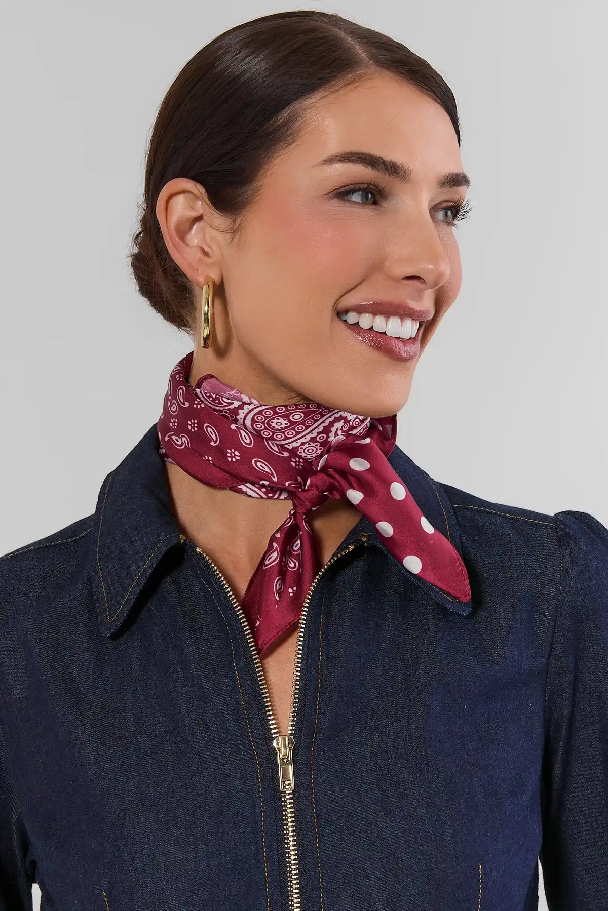 Red Mixed Print Scarf Tied at Neck Over Denim Jacket - Styled Look | Avara