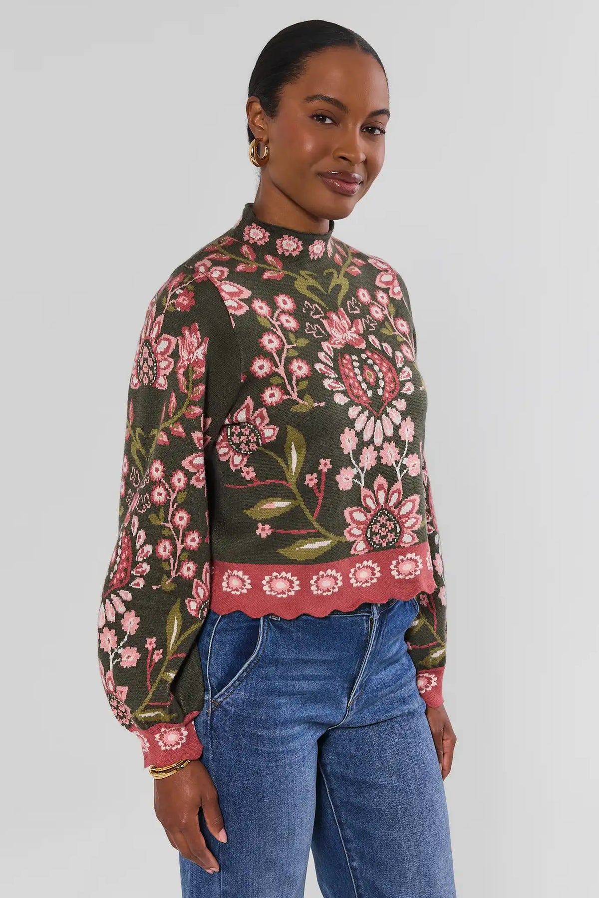 THML Katie Green Floral Knit Sweater Long Sleeve Mock Neck - Three-Quarter Side Angle On Model | Avara