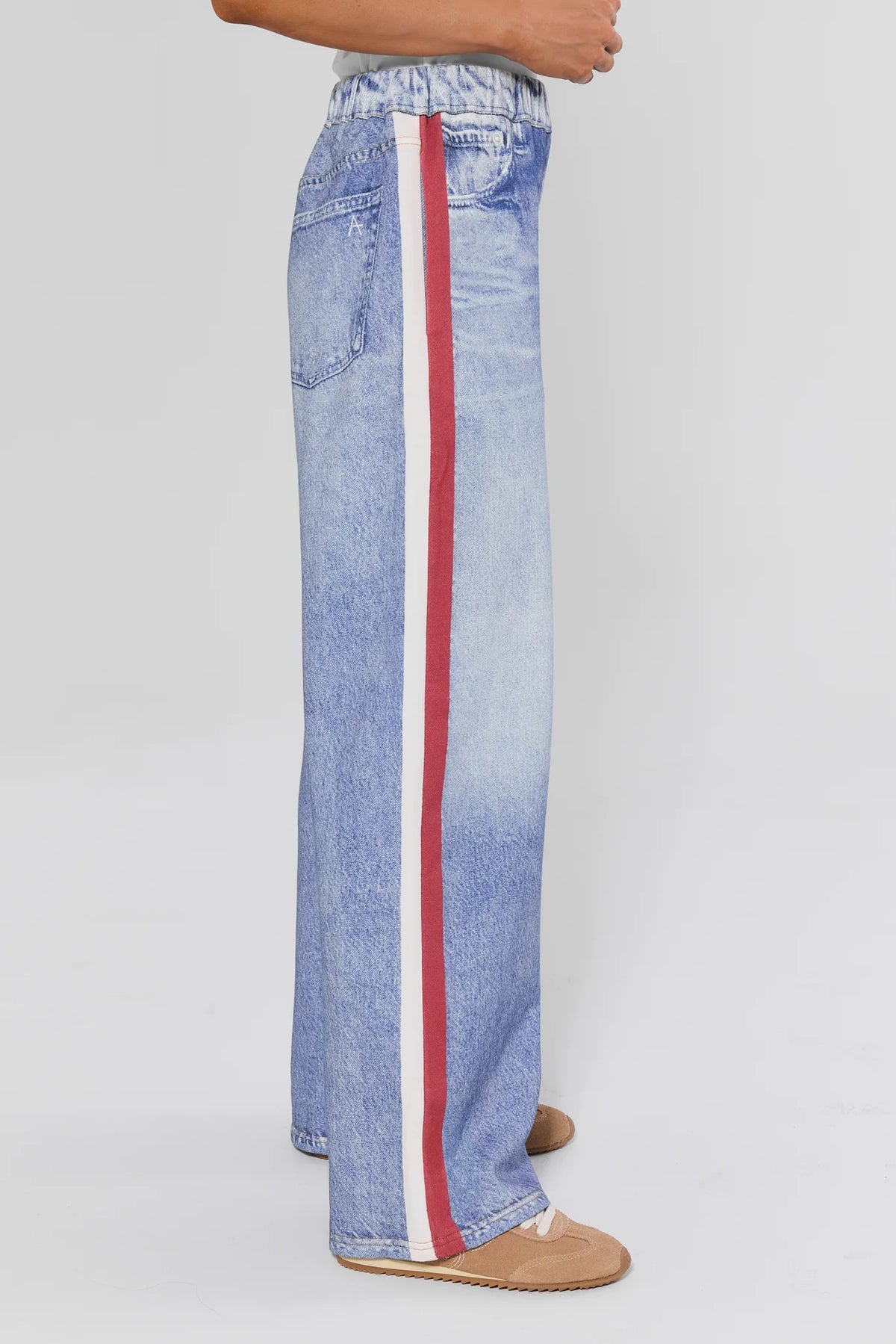 Maeve Red Stripe Wide Leg Track Pants - Side View Full Length, Red Track Stripe Detail | Avara