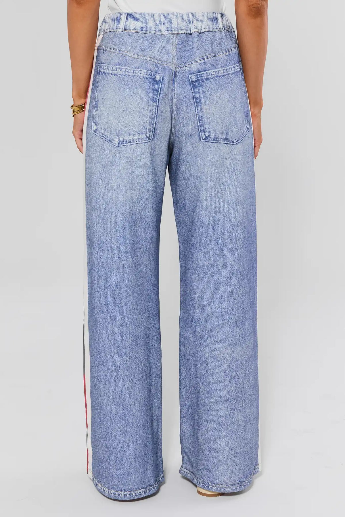 Maeve Red Stripe Wide Leg Track Pants - Back View Full Length, Wide Leg Silhouette | Avara