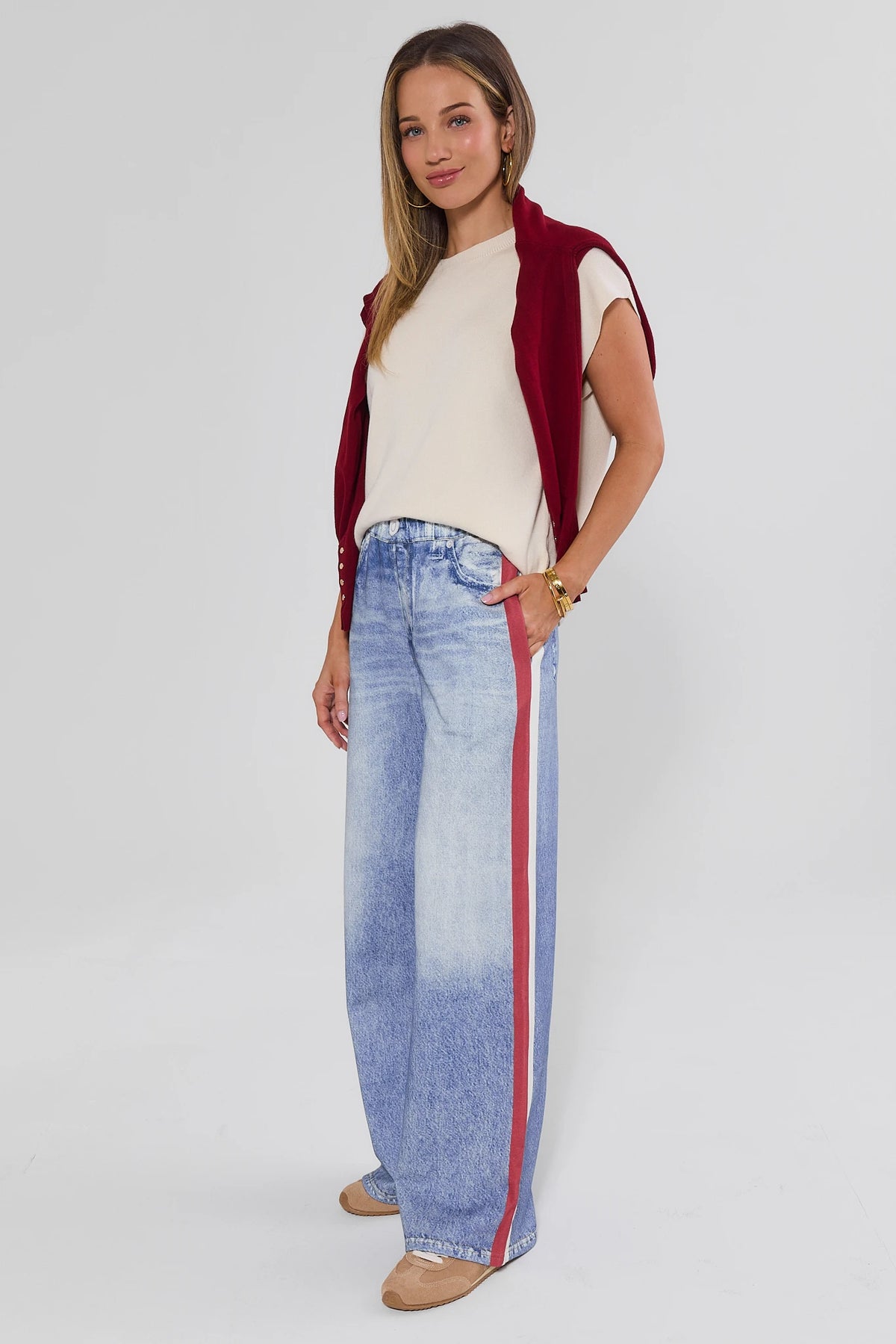 Maeve Red Stripe Wide Leg Track Pants - 3/4 Angle Full Length On Model, Styled Look | Avara