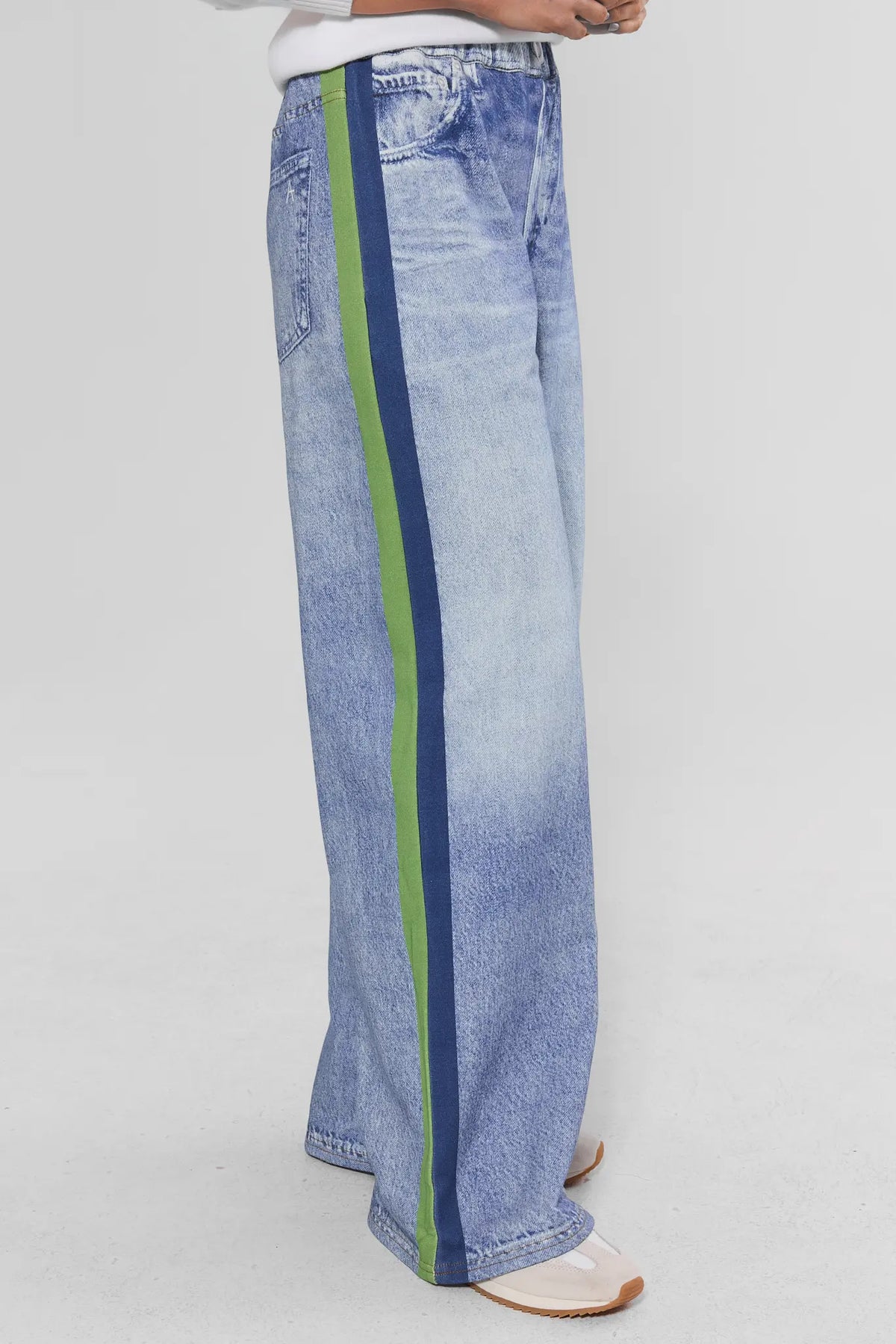 Maeve Green Stripe Track Pants - Side Profile Full Length Showing Green Navy Stripe Detail | Avara