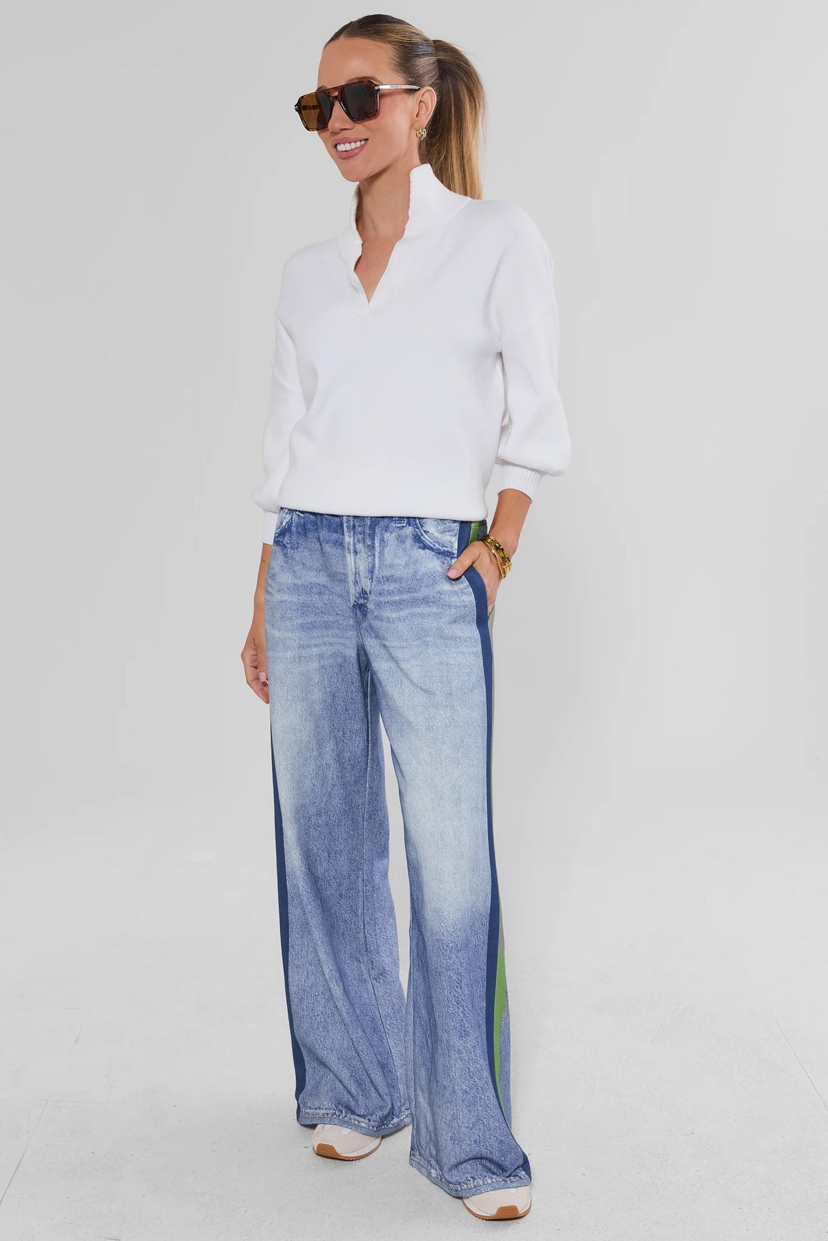 Maeve Green Stripe Wide Leg Track Pants - Full Length Styled Look with White Sweater On Model | Avara