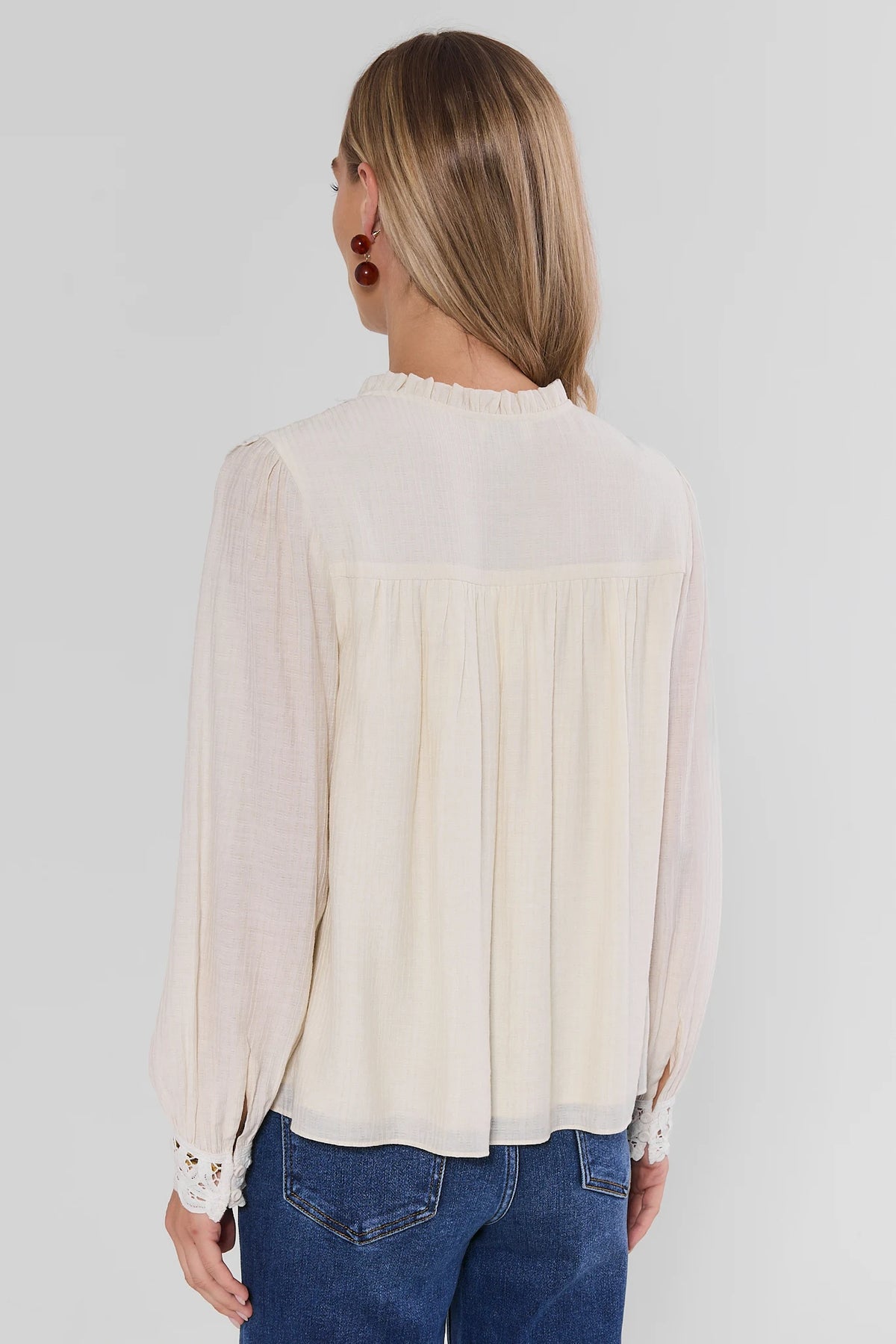 White Eyelet Trim Long Sleeve Top - Back View with Ruffle Collar | Avara