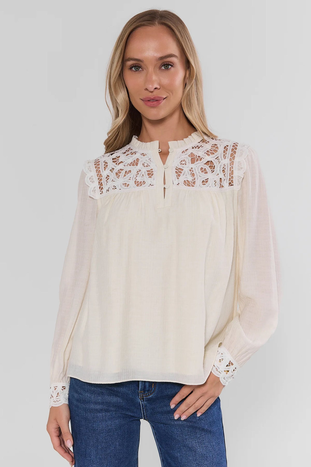 White Eyelet Trim Long Sleeve Top - Front View On Model | Avara