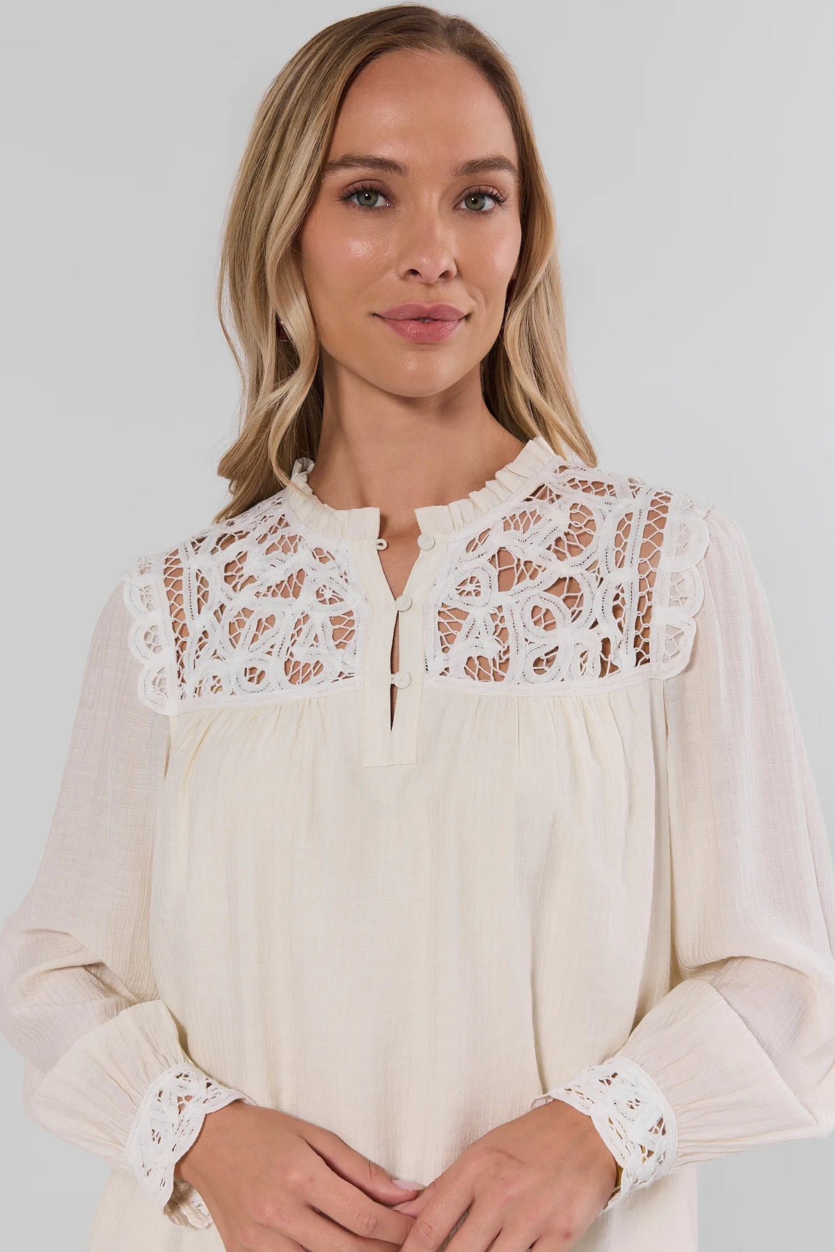 White Eyelet Lace Yoke Long Sleeve Top - Close-Up Neckline Detail | Avara
