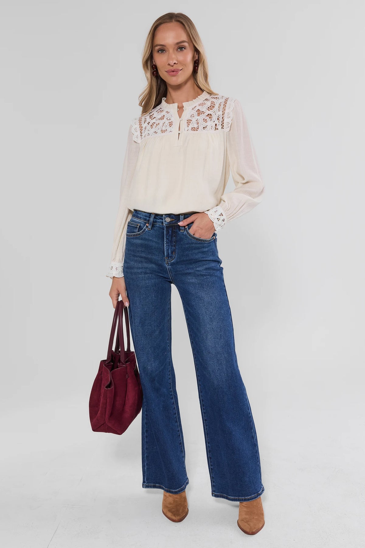 White Eyelet Trim Long Sleeve Top - Full Styled Look with Wide Leg Jeans | Avara