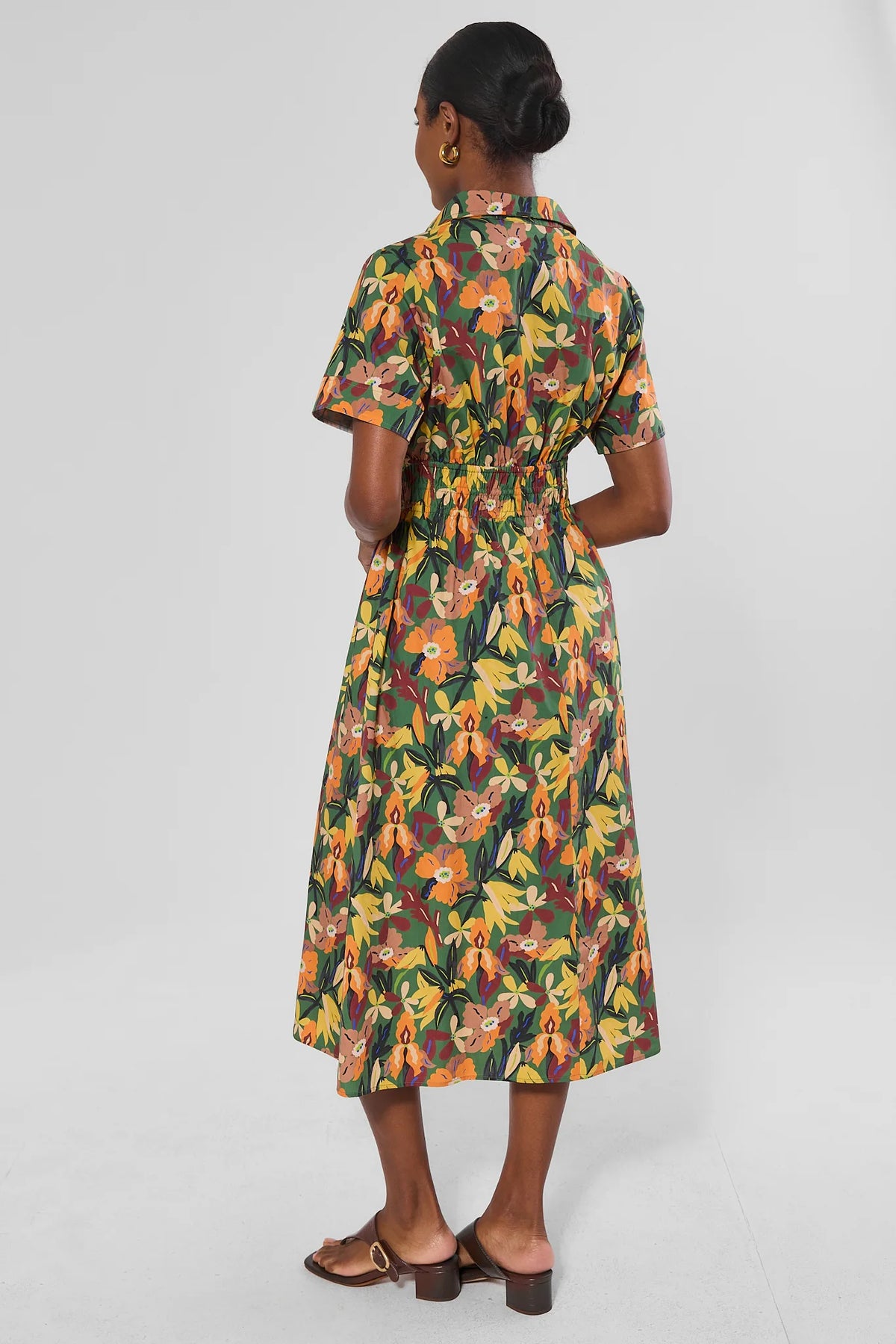Green Floral Print Collared Midi Dress - On Model Back View, Smocked Waist Detail | Avara