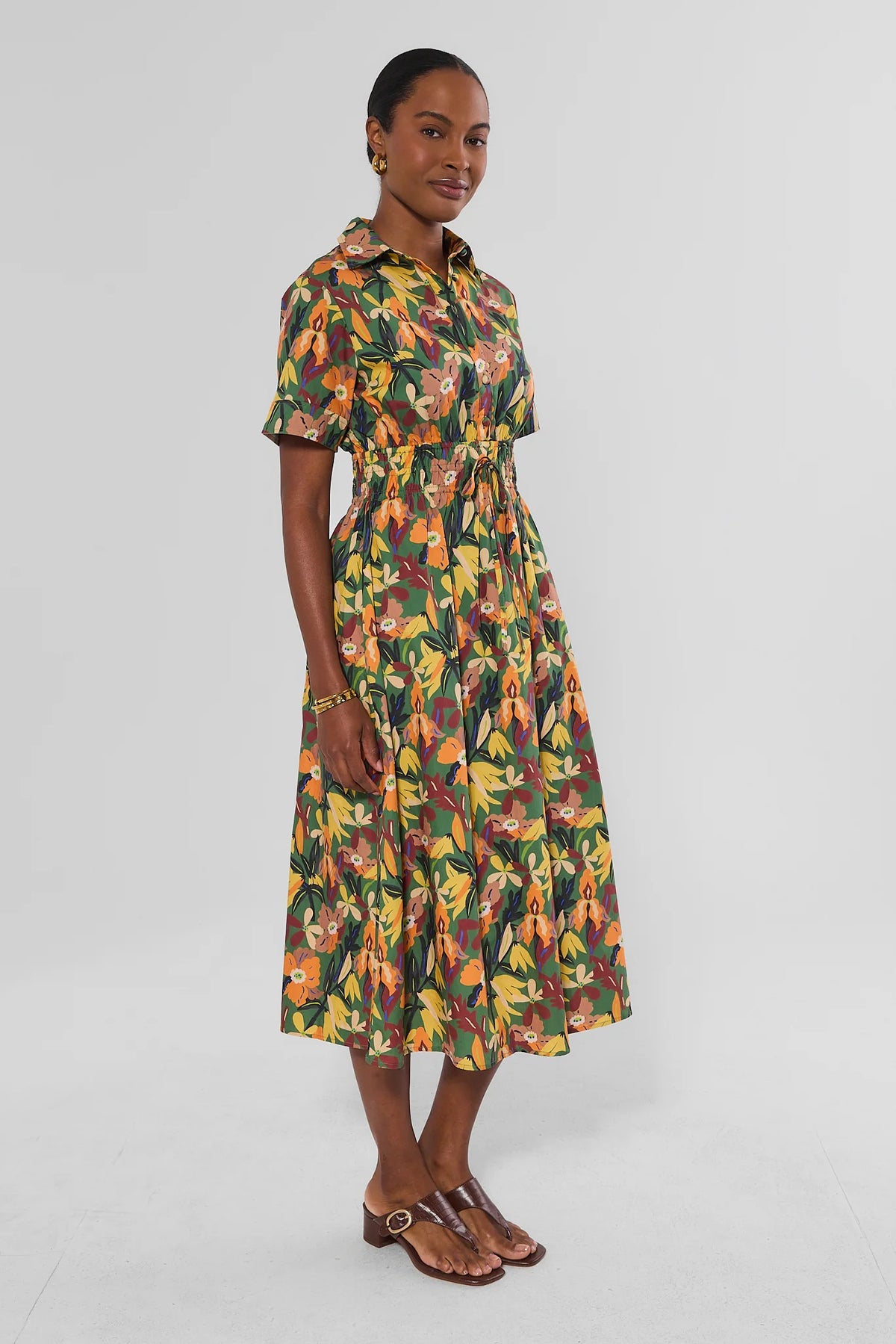 Green Floral Print Collared Midi Dress - On Model Side View, Floral Midi Dress | Avara