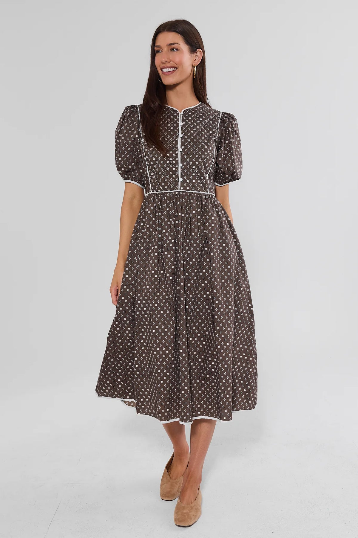 Brown Printed Contrast Trim Midi Dress - Full Front View, Midi Length On Model | Avara