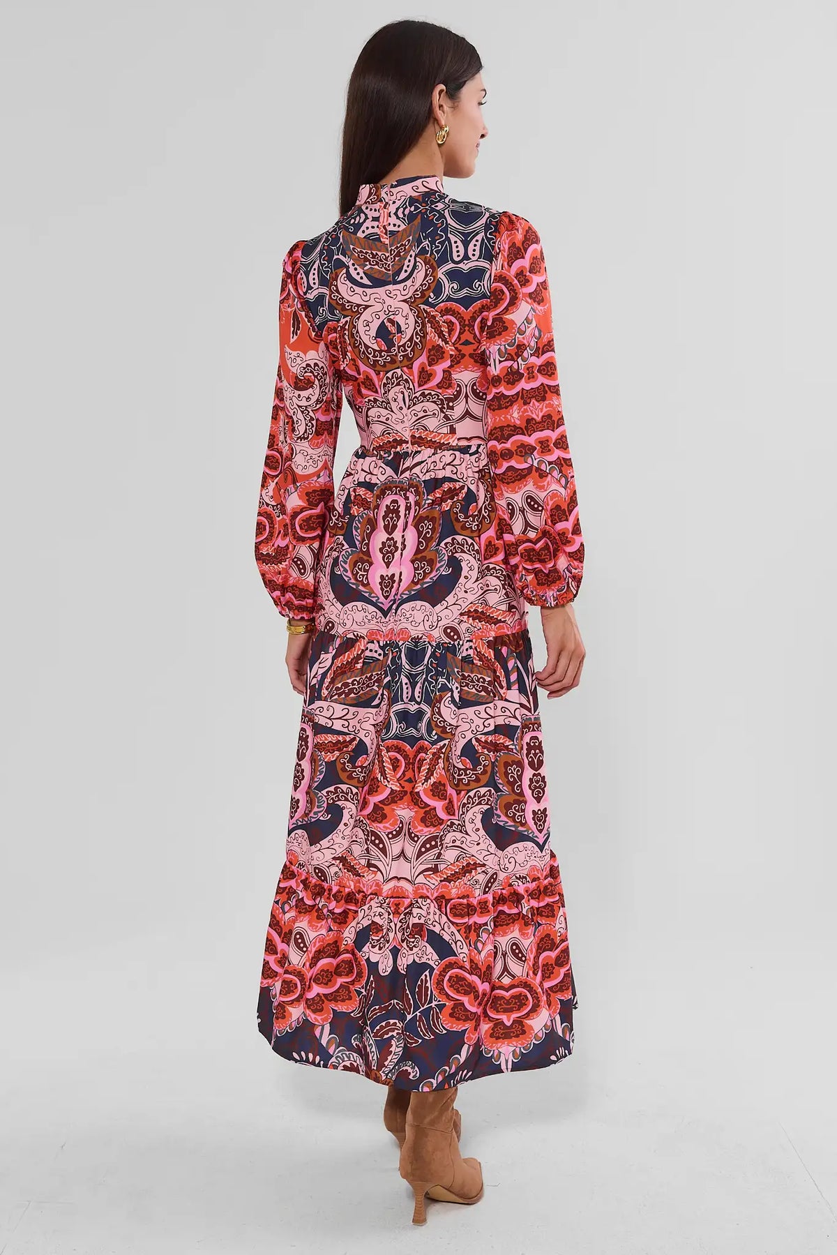 Pink Printed Modest Maxi Dress - Back View Full Length, Button Closure & Tiered Hem | Avara