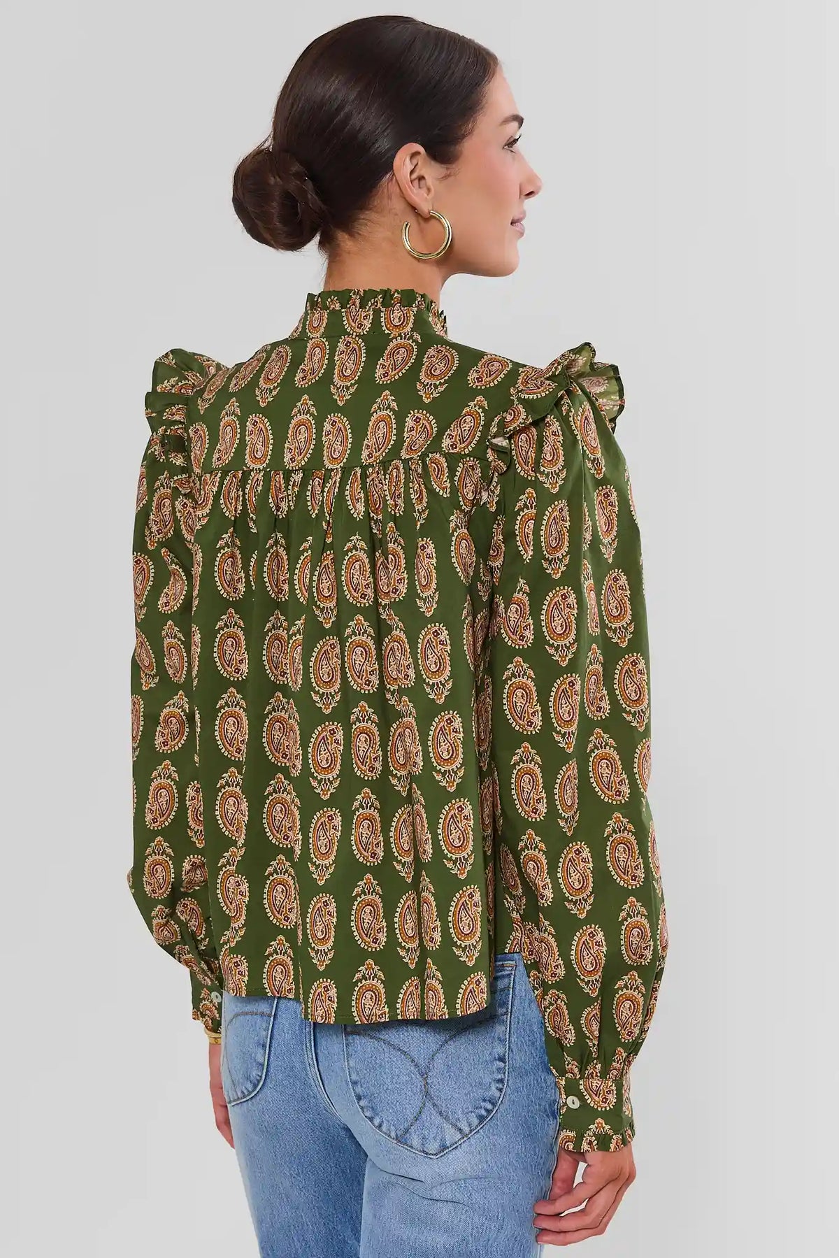 Green Paisley Printed Cotton Top - Back View with Ruffle Detail | Avara