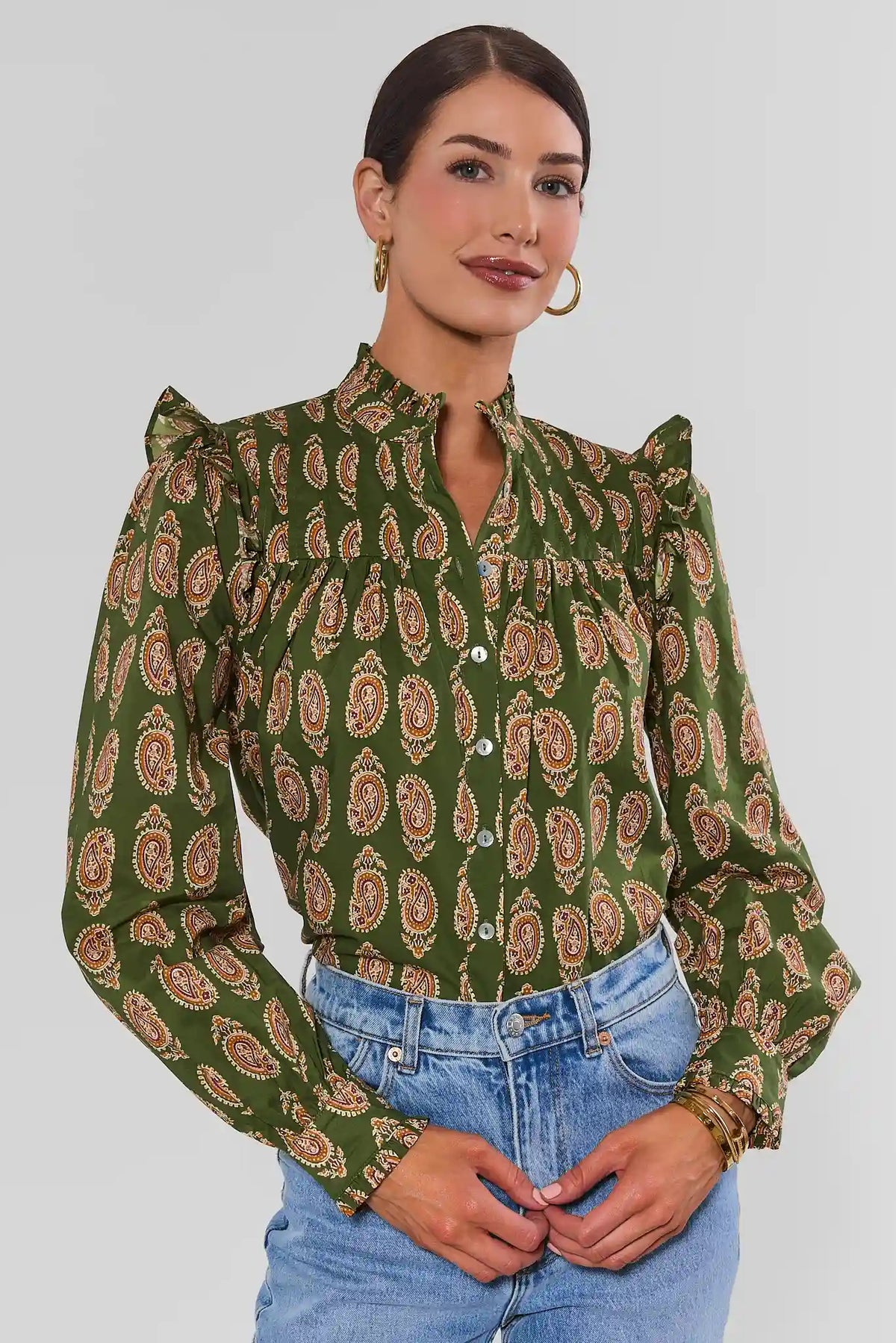 Green Paisley Printed Pleated Top - Front View On Model | Avara