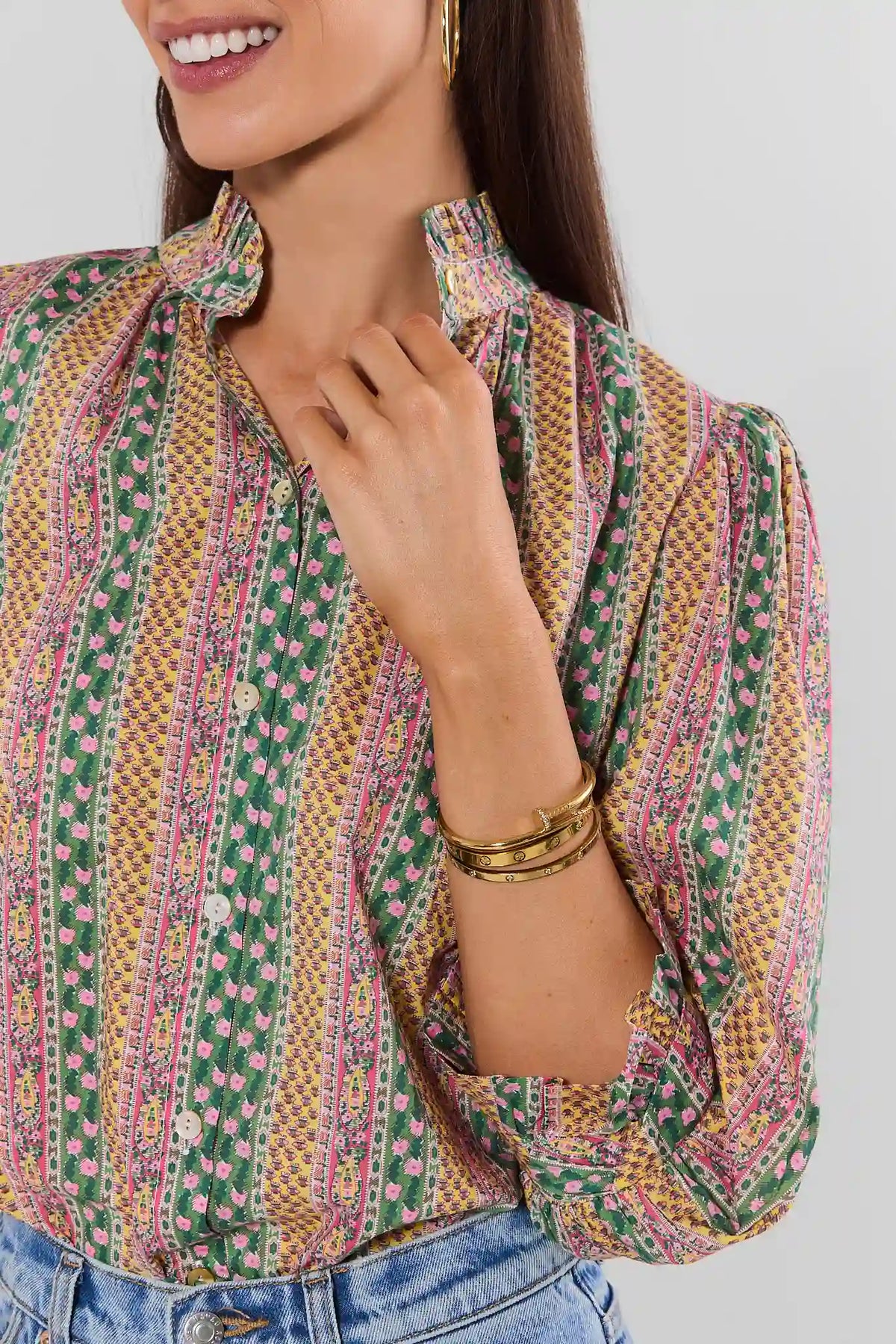 Multi Floral Cotton Ruffle Collar Top - Close-Up Collar & Print Detail | Avara