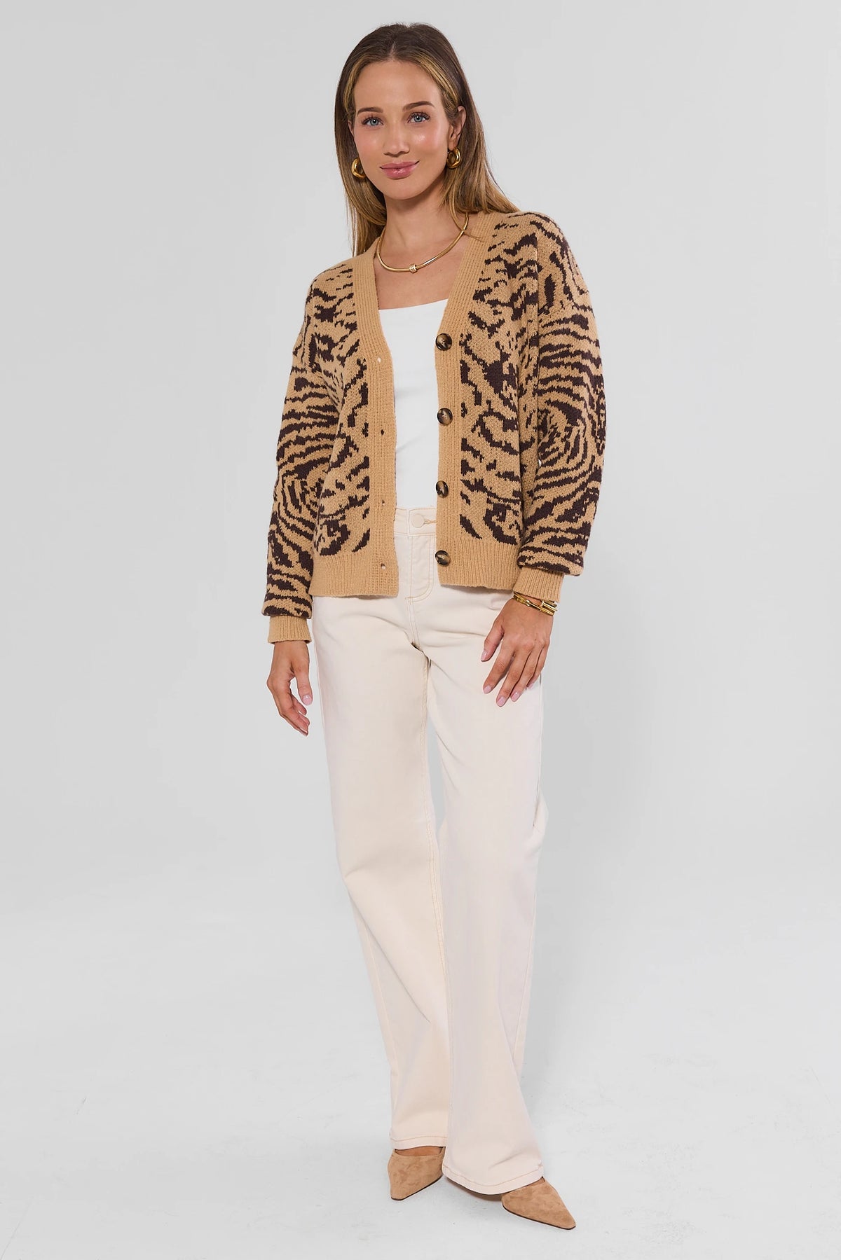 Tan Tiger Print Button Up Cardigan - Full Length Front Styled Look | Avara