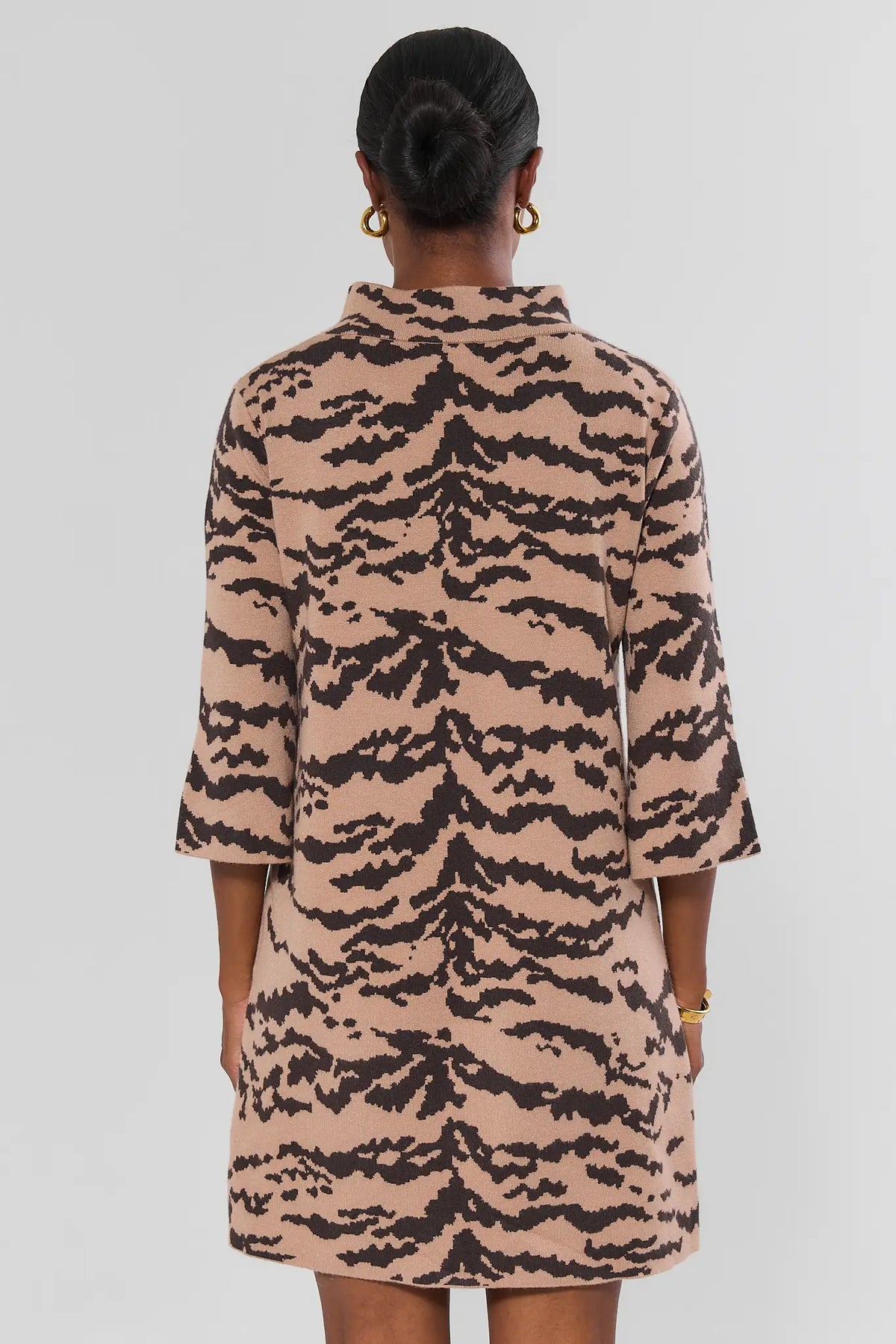 Tan Animal Print Knit Short Dress - Back View On Model, Relaxed Shift Silhouette | Avara