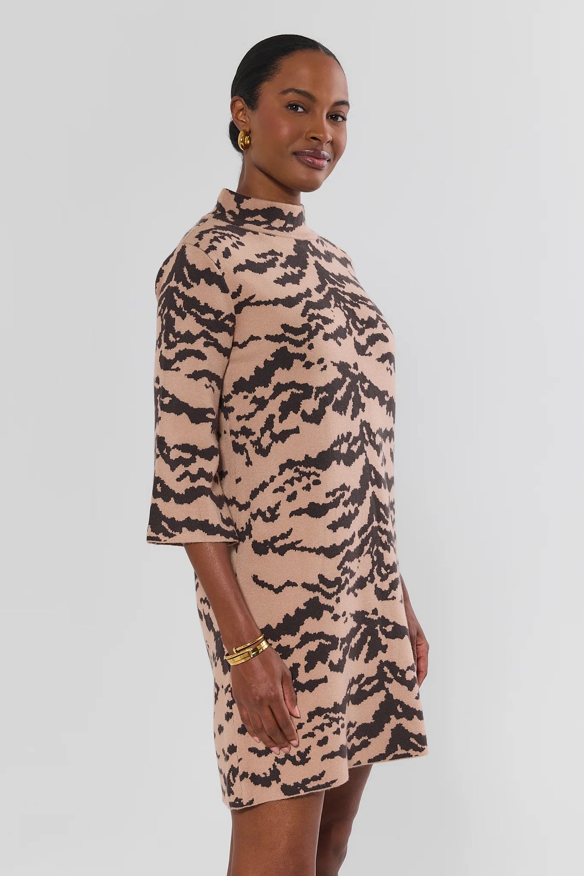 Tan Animal Print Knit Short Dress - Side Profile On Model, 3/4 Sleeve Mock Neck | Avara
