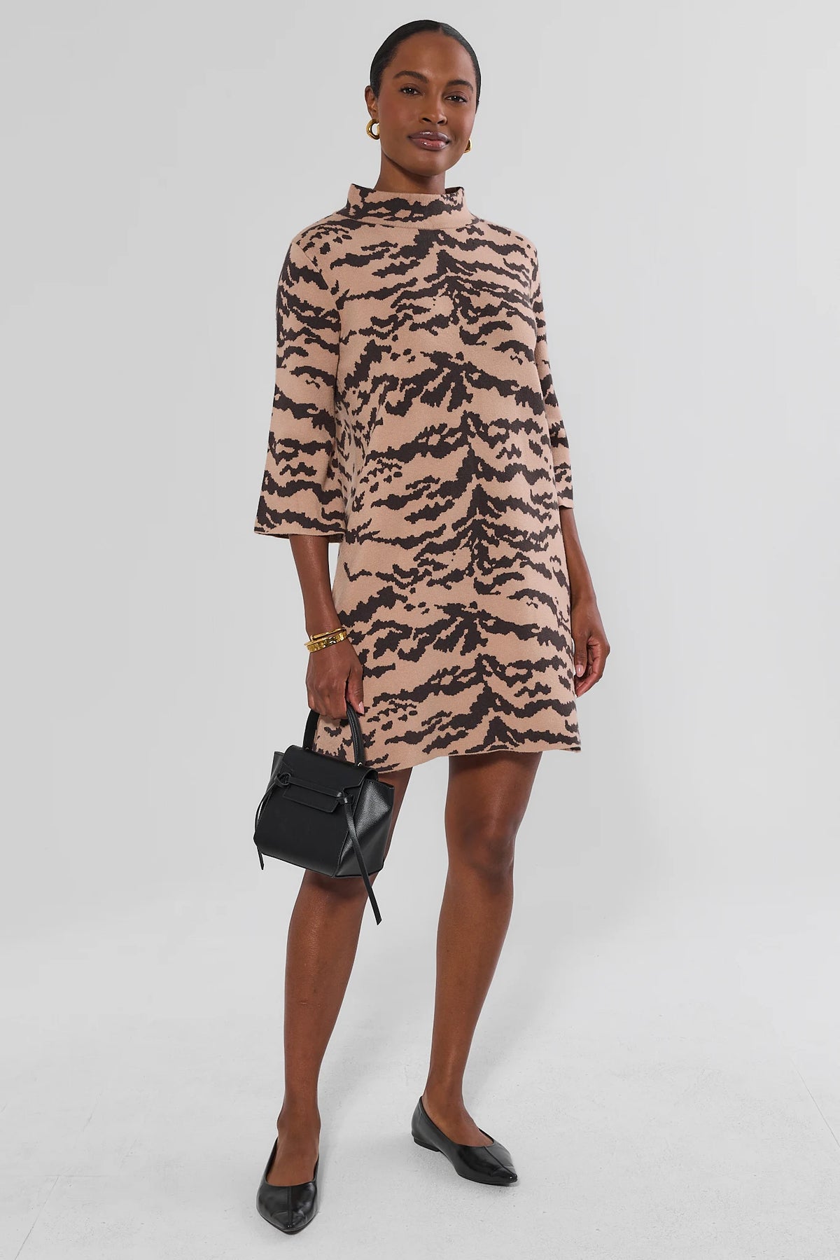 Tan Animal Print Knit Short Dress - Full Front View On Model, Shift Silhouette | Avara