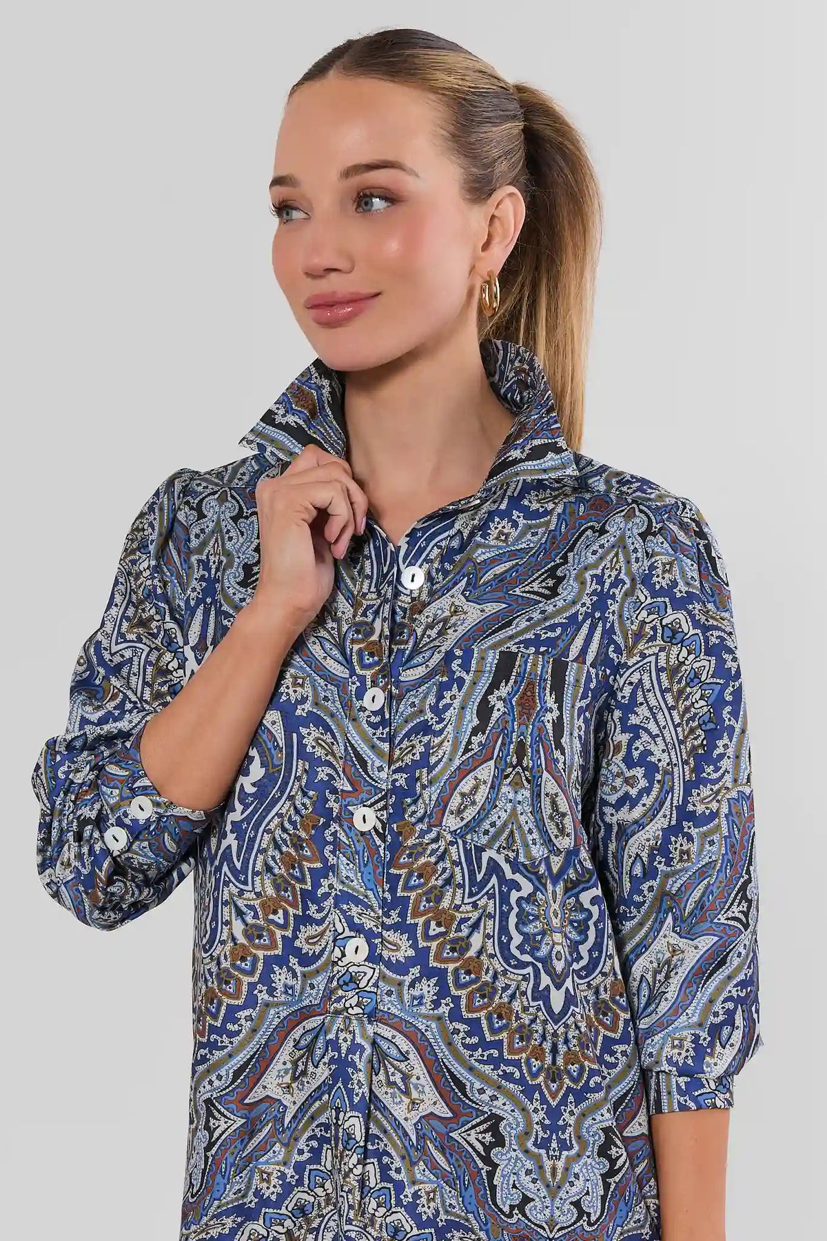 Blue Paisley Print Drop Waist Dress - Collar & Button-Front Close-Up, 3/4 Sleeve Detail | Avara