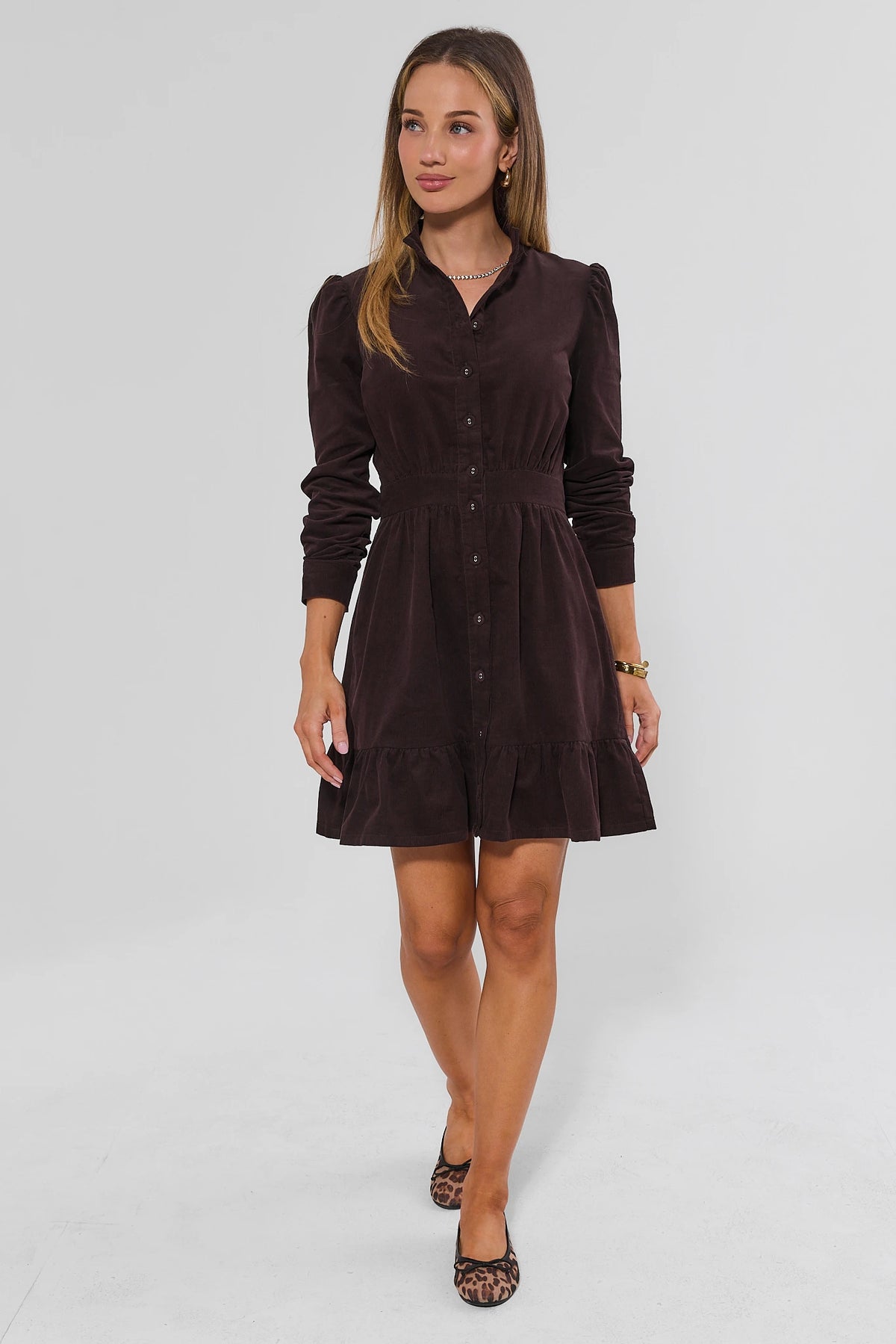 Brown Corduroy Short Dress - Full Length Front View, Fall Outfit for Women, Leopard Flats | Avara