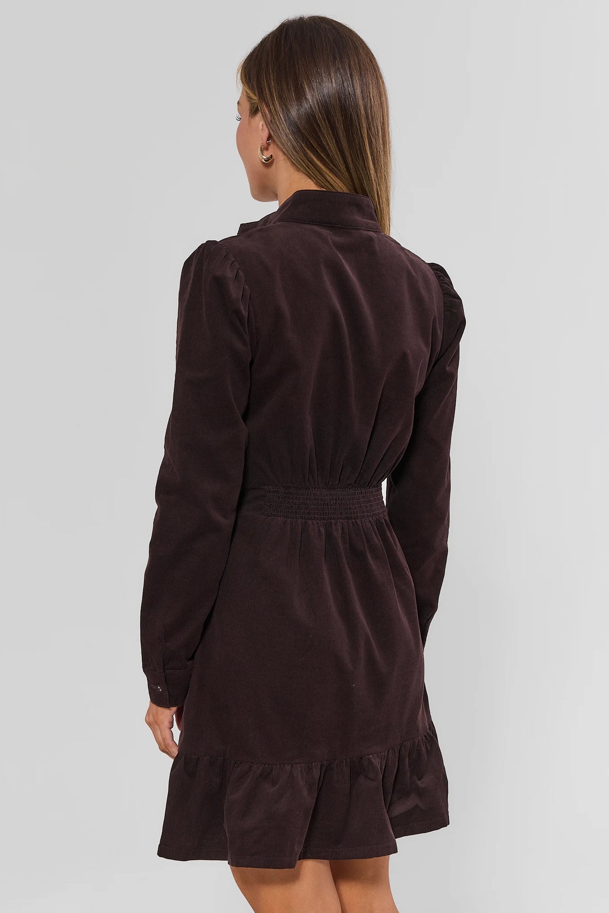 Brown Corduroy Short Dress - Back View, Smocked Elastic Waist & Ruffle Hem | Avara