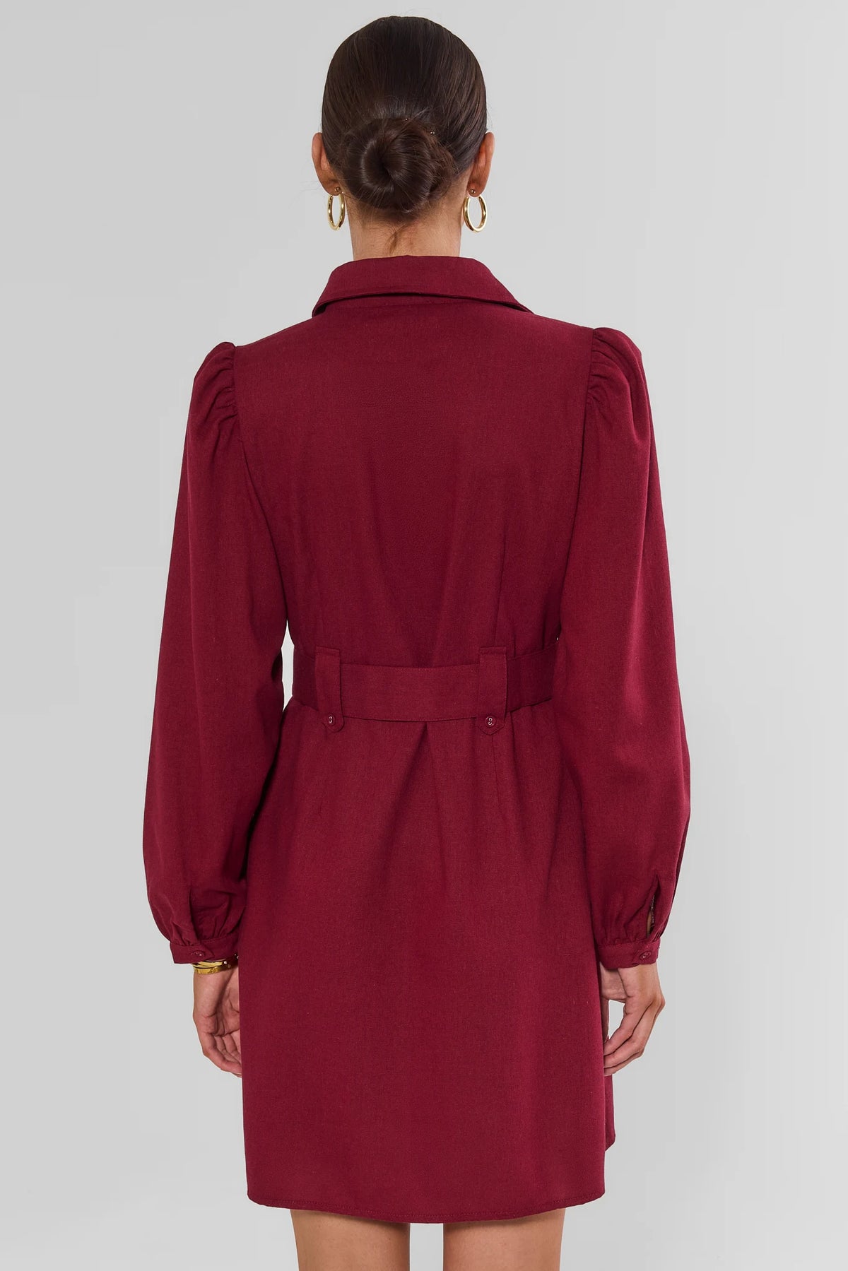 Burgundy Linen Embroidered Dress Puff Sleeve & Belt - Back View | Avara