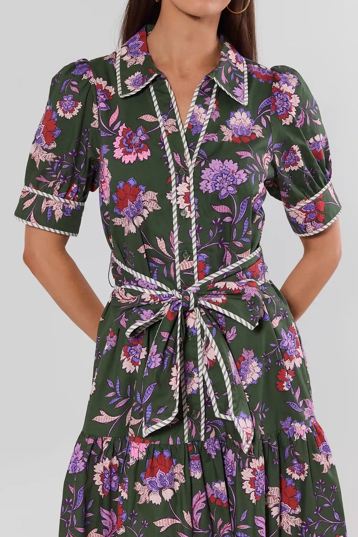 Green Floral Printed Midi Dress - Close-Up Bodice Detail, Tie Waist & Button Front | Avara