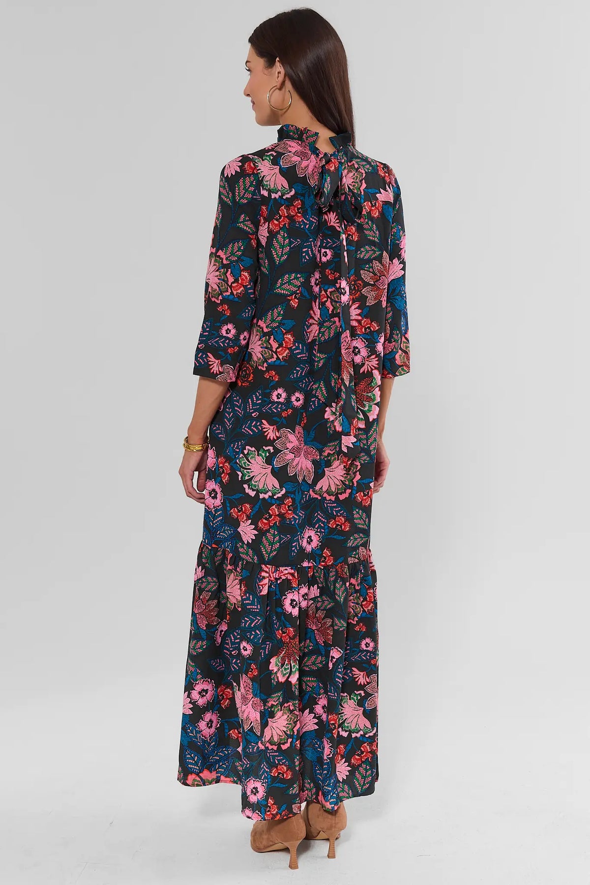 Navy Floral Maxi Dress - Back Neck Tie & Ruffle Mock Neck Close-Up, Pink Floral Print | Avara