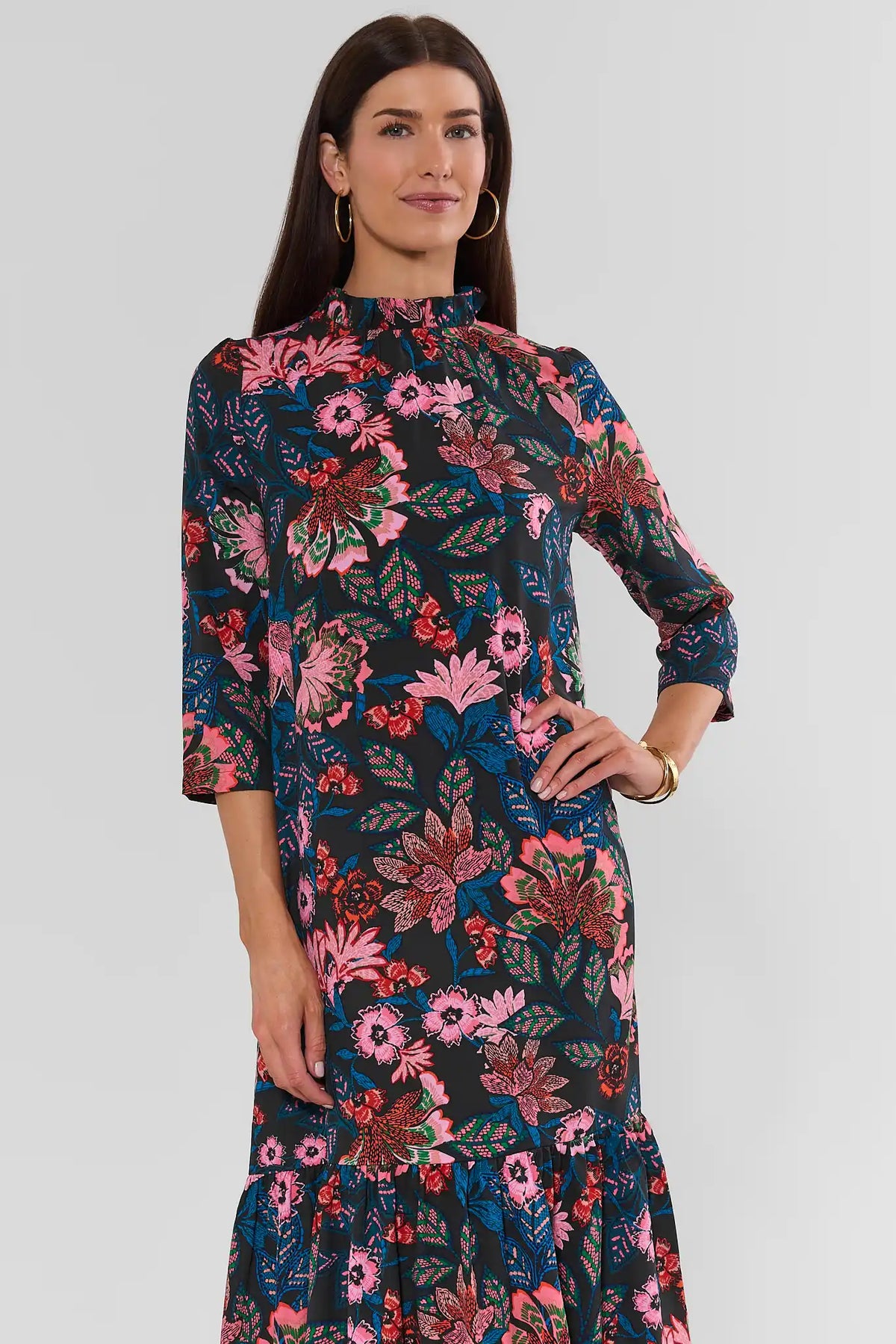 Navy Floral Printed Maxi Dress - Full Front View, Modest Mock Neck, 3/4 Sleeves, Tiered Hem | Avara