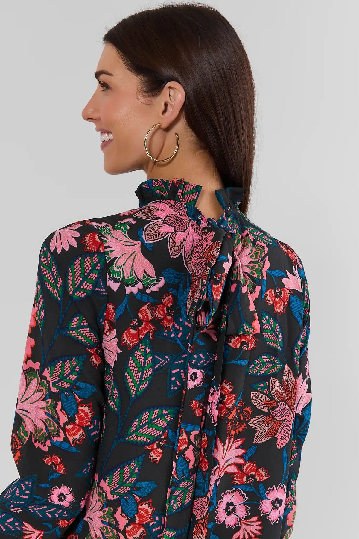 Navy Floral Printed Maxi Dress - Side Profile, Ruffle Mock Neck & Back Tie Neckline Detail | Avara
